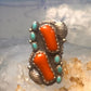Navajo long ring coral size 6 feathers leaves sterling silver women