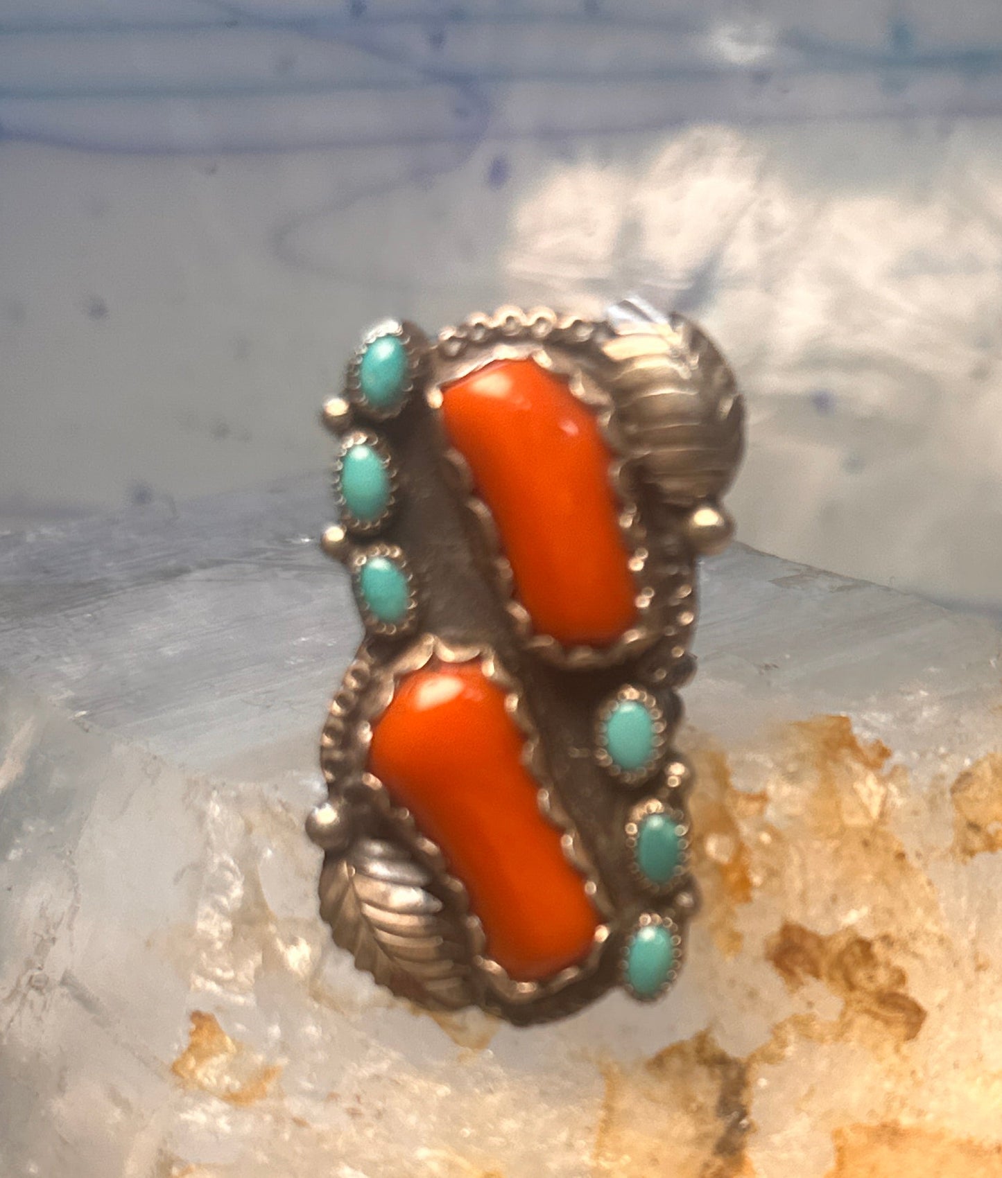 Navajo long ring coral size 6 feathers leaves sterling silver women