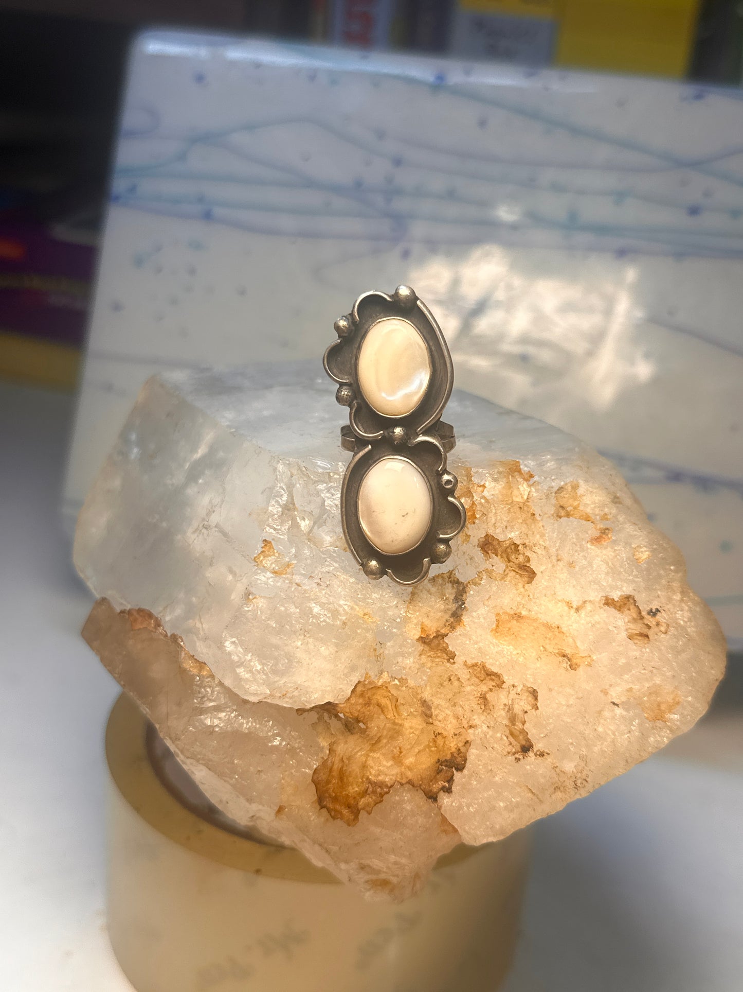 Navajo long ring mother of pearl size 5.7 scalloped beaded sterling silver women