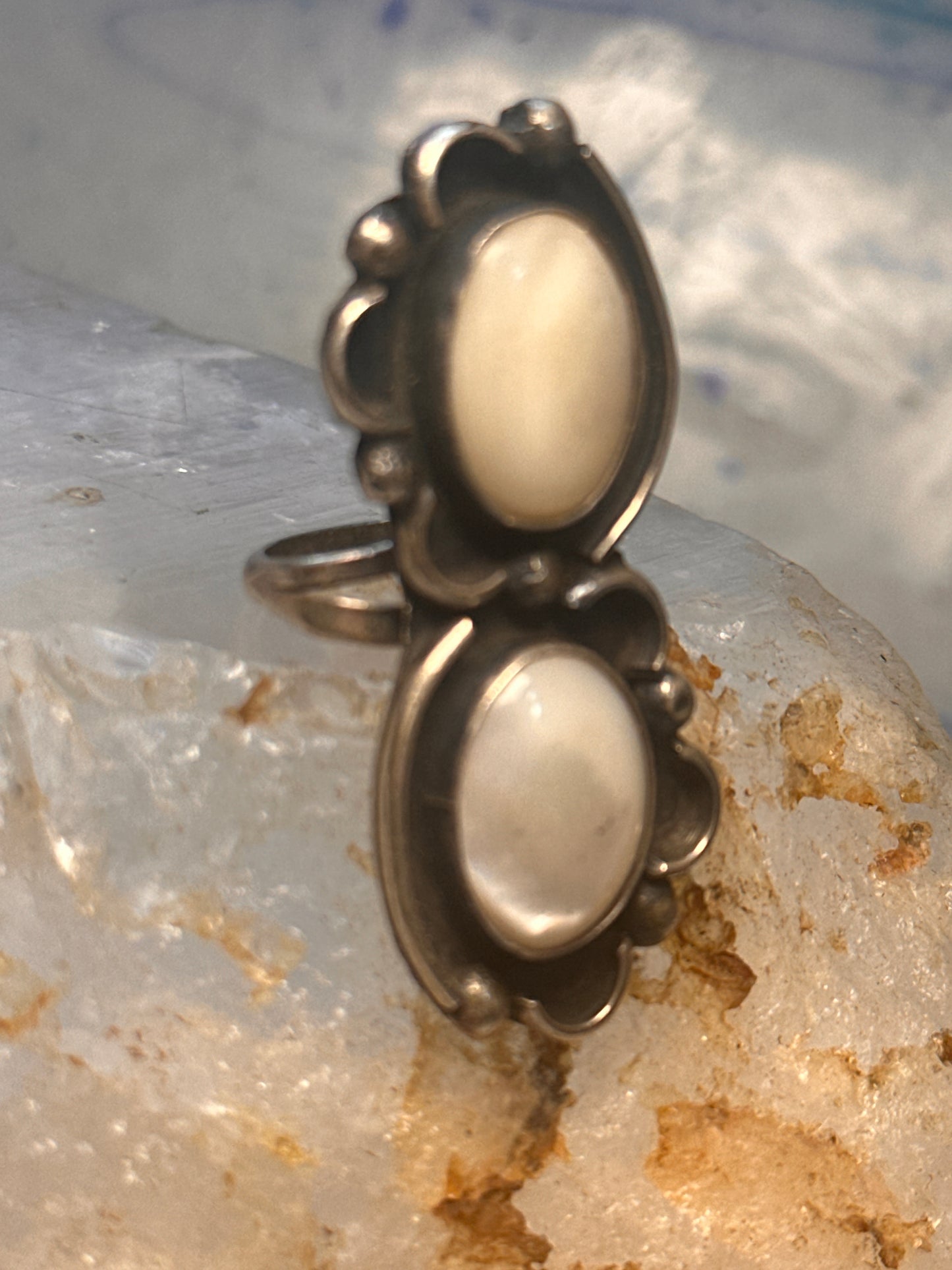 Navajo long ring mother of pearl size 5.7 scalloped beaded sterling silver women