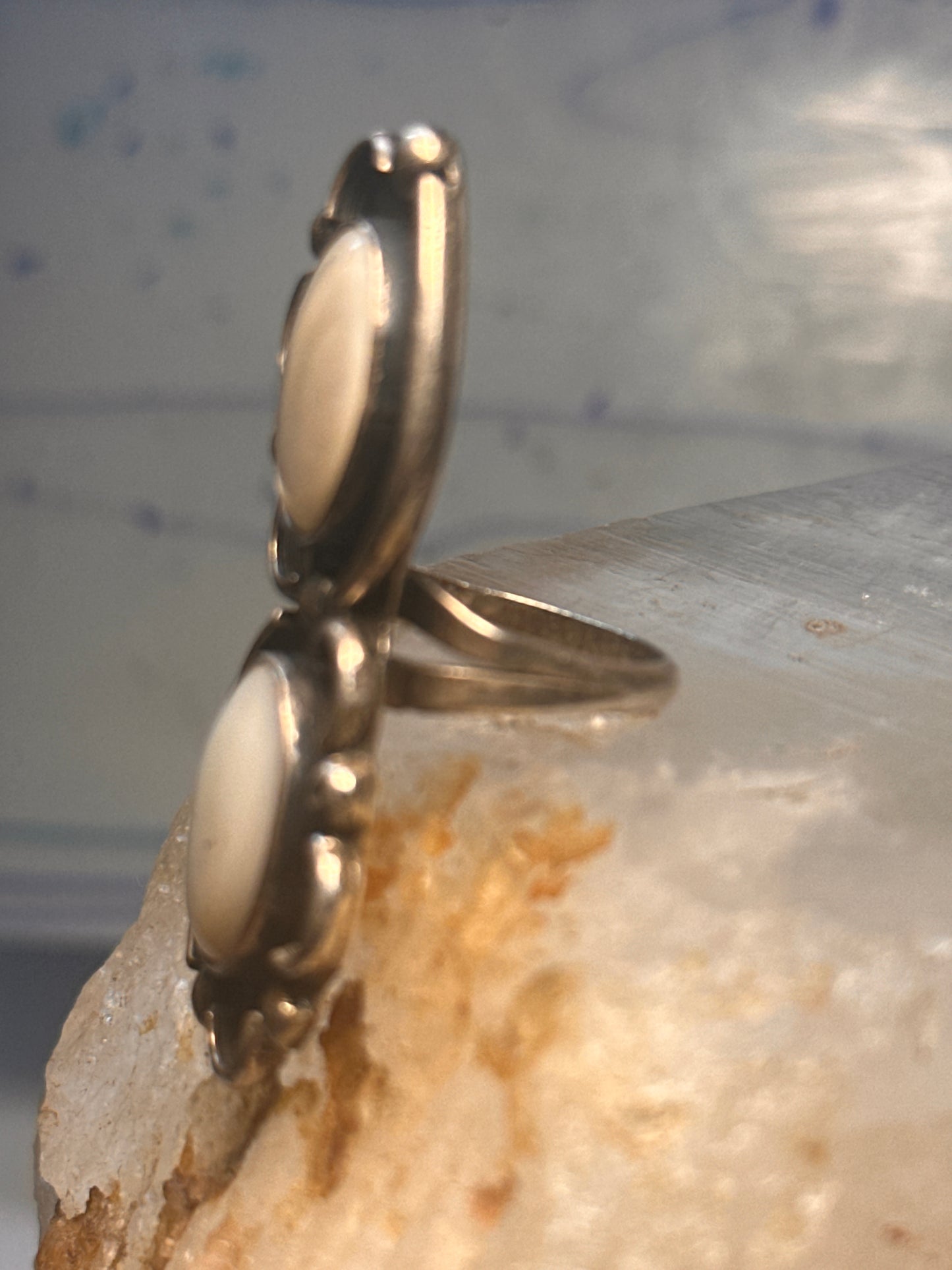 Navajo long ring mother of pearl size 5.7 scalloped beaded sterling silver women