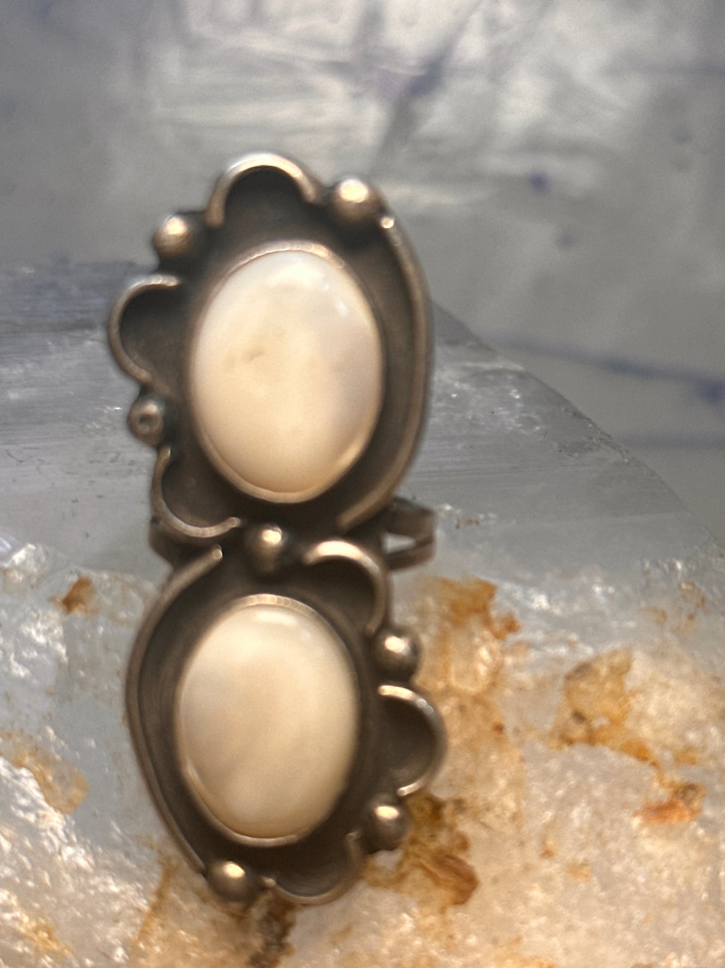 Navajo long ring mother of pearl size 5.7 scalloped beaded sterling silver women