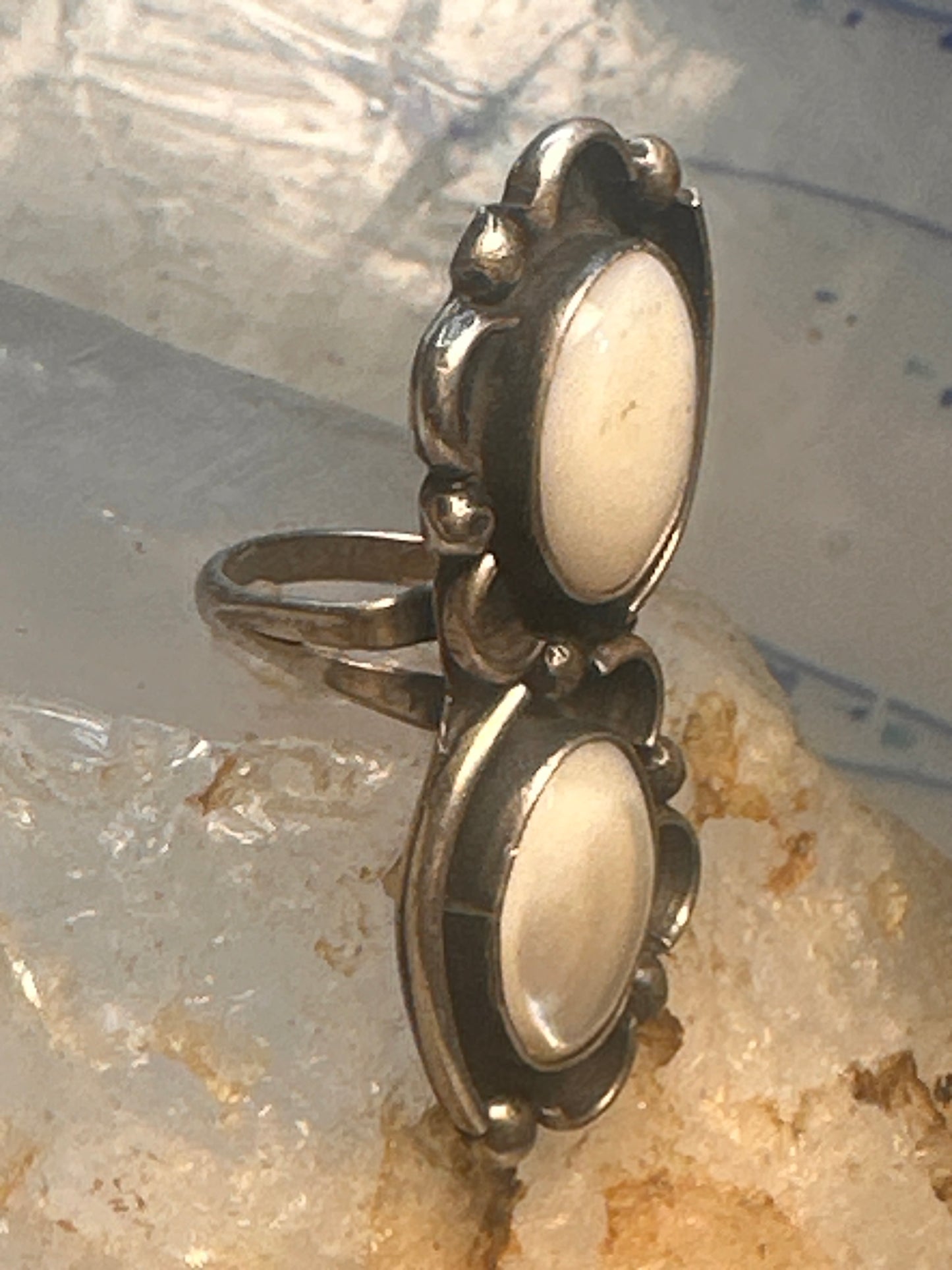 Navajo long ring mother of pearl size 5.7 scalloped beaded sterling silver women