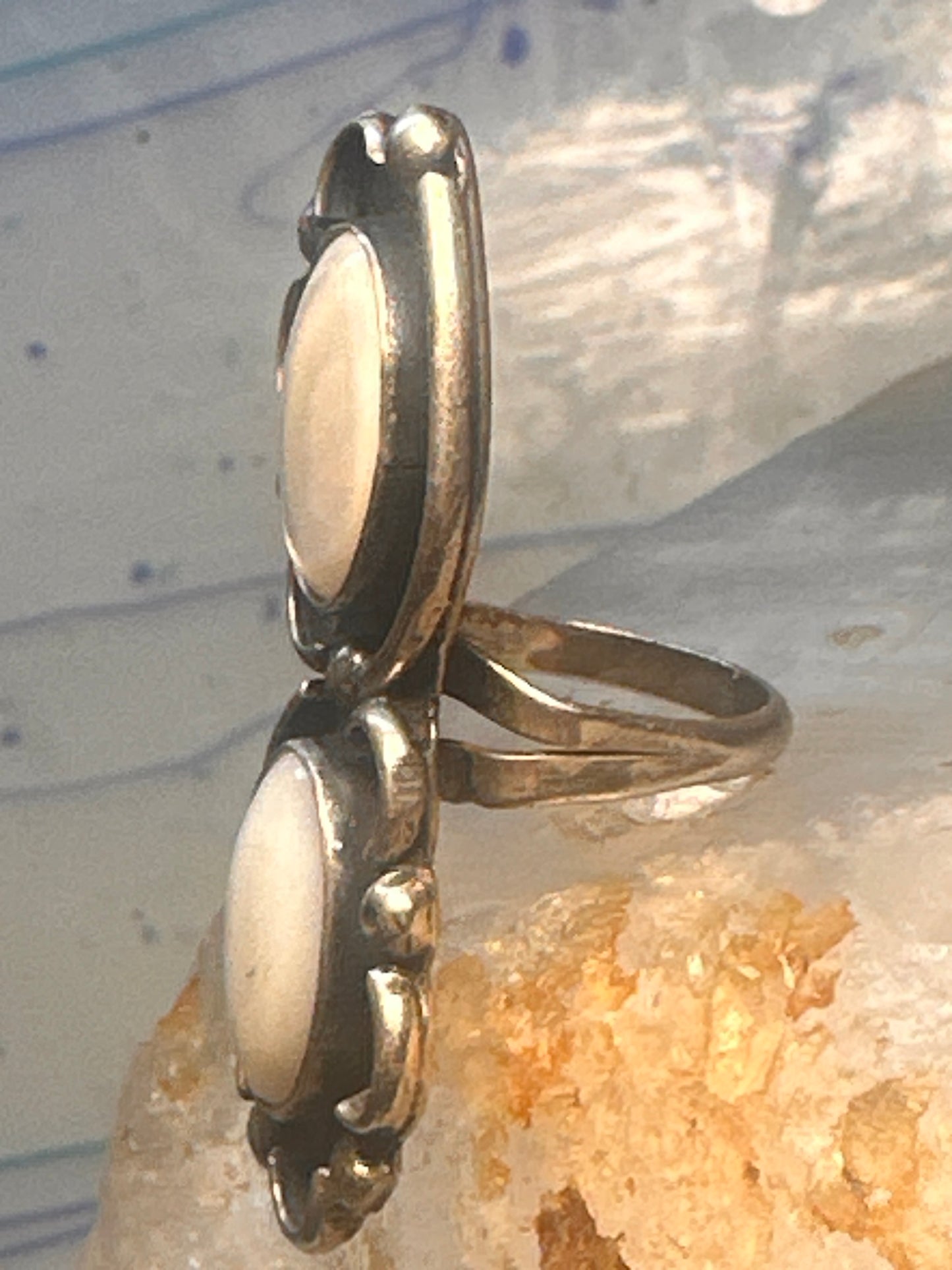 Navajo long ring mother of pearl size 5.7 scalloped beaded sterling silver women