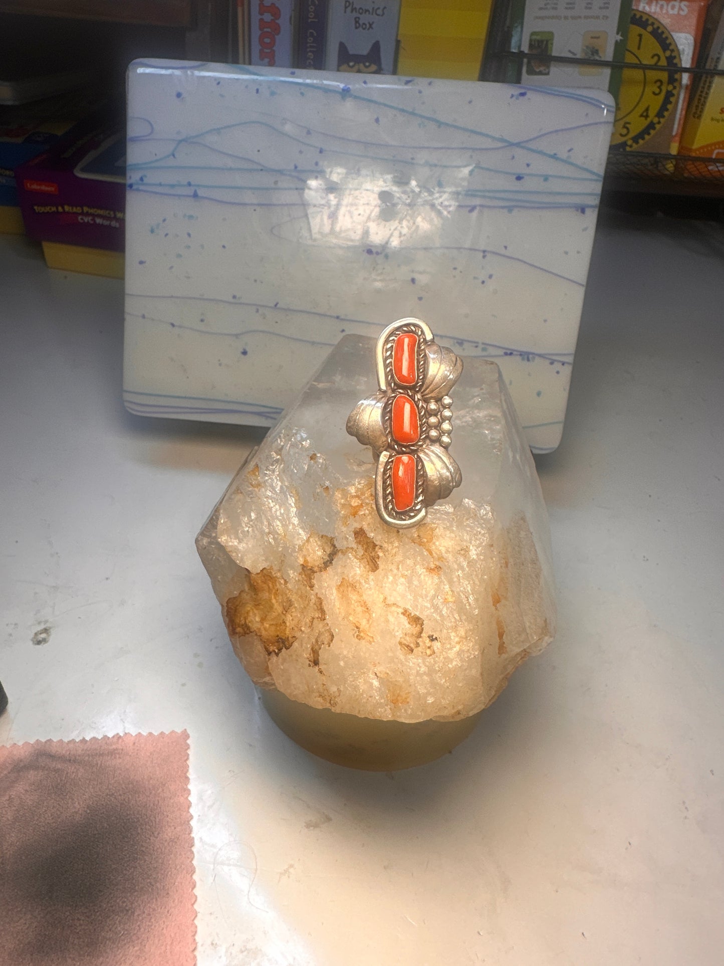 Navajo long ring coral size 5.5 sterling silver women