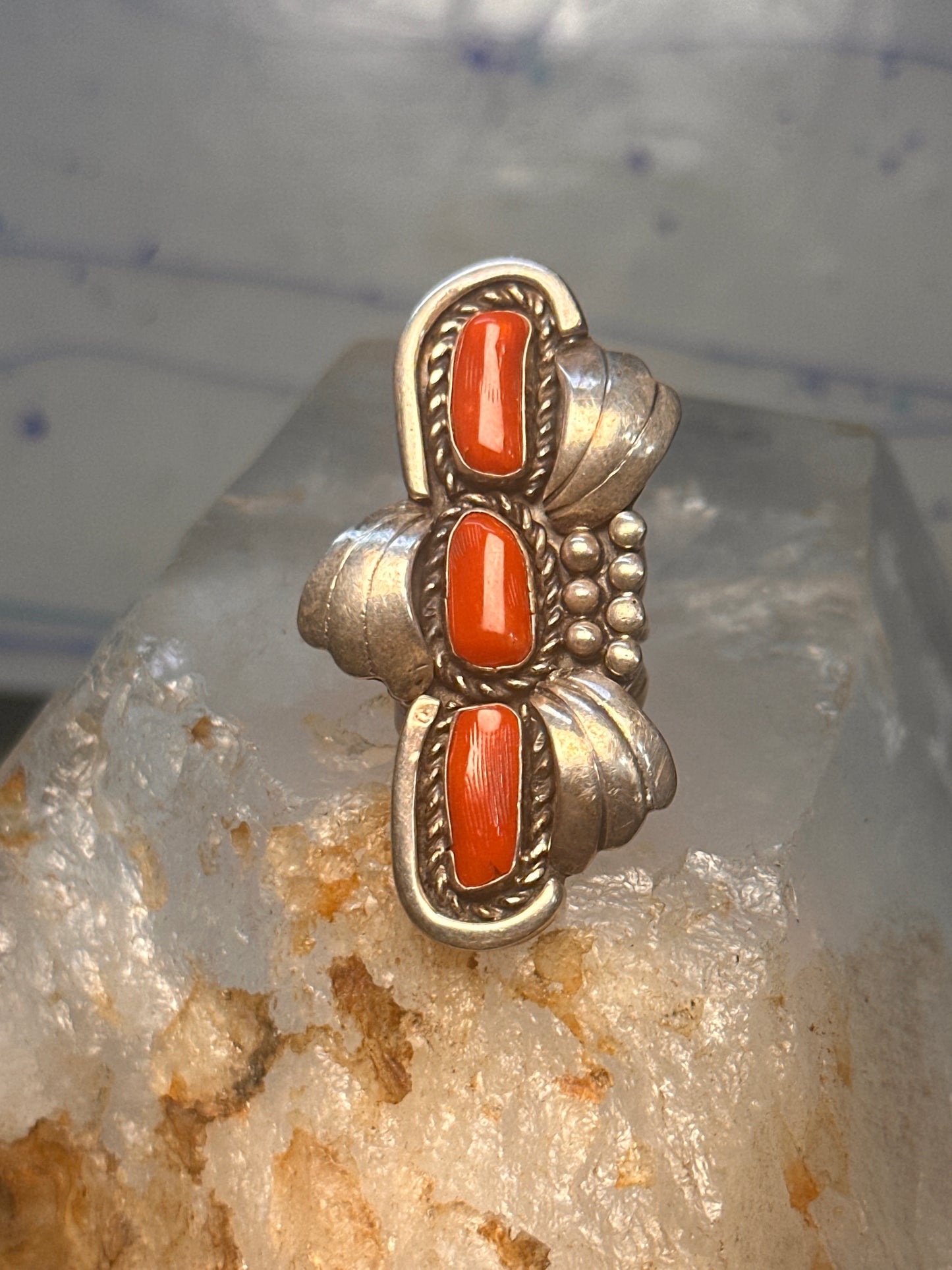 Navajo long ring coral size 5.5 sterling silver women