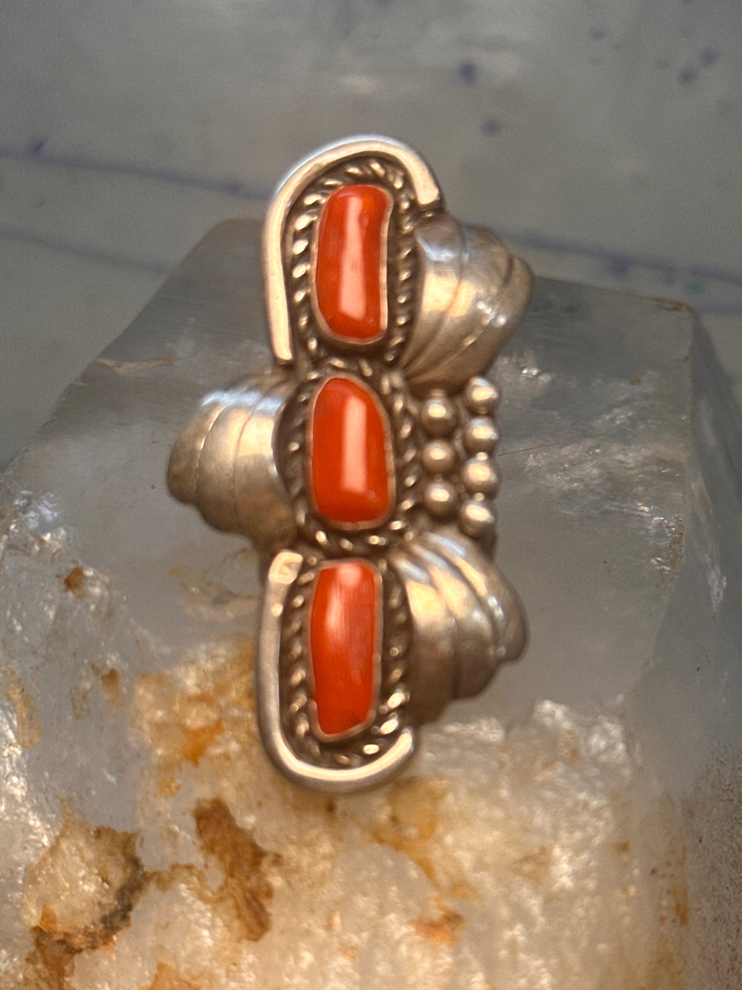 Navajo long ring coral size 5.5 sterling silver women