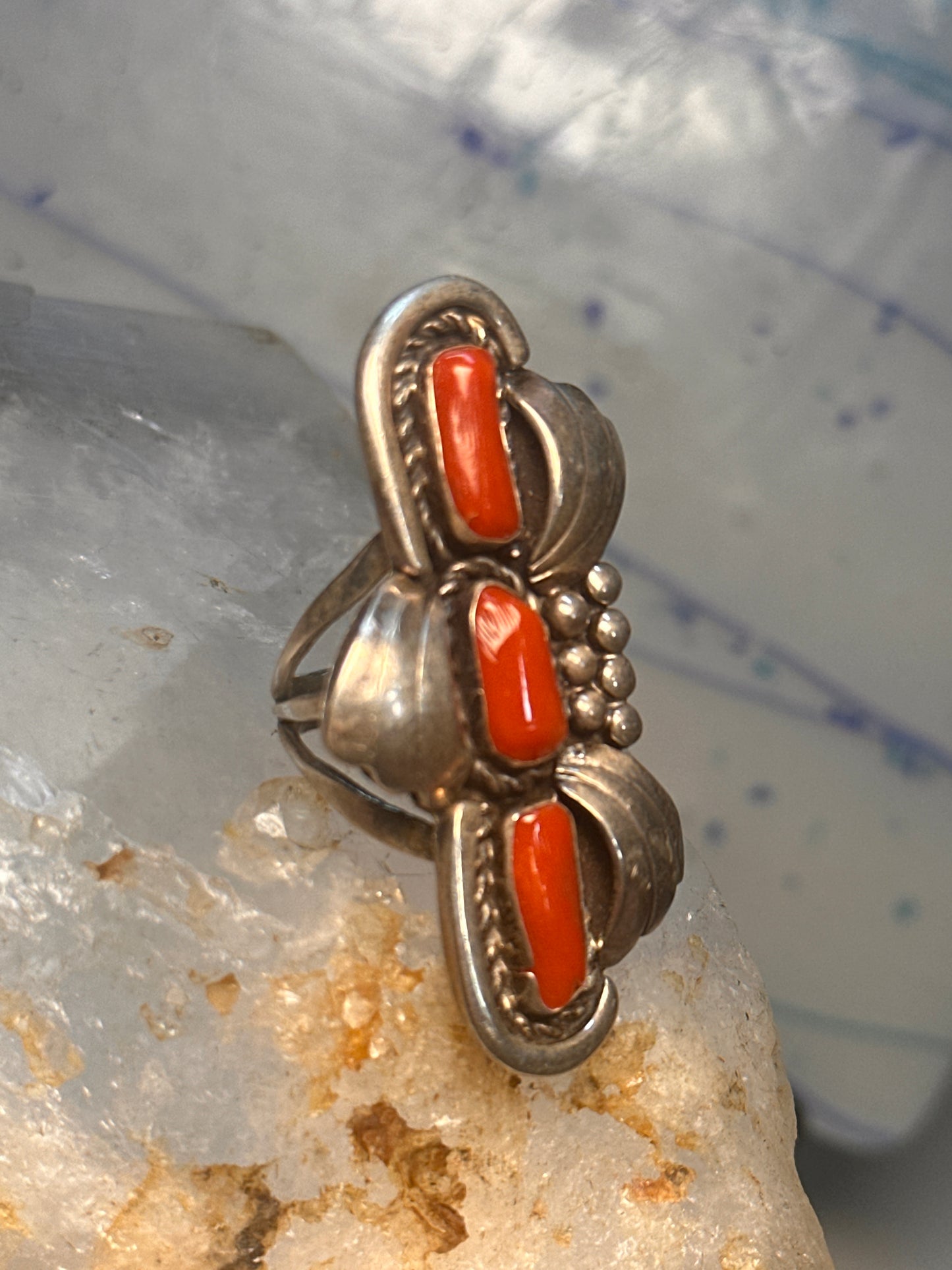 Navajo long ring coral size 5.5 sterling silver women