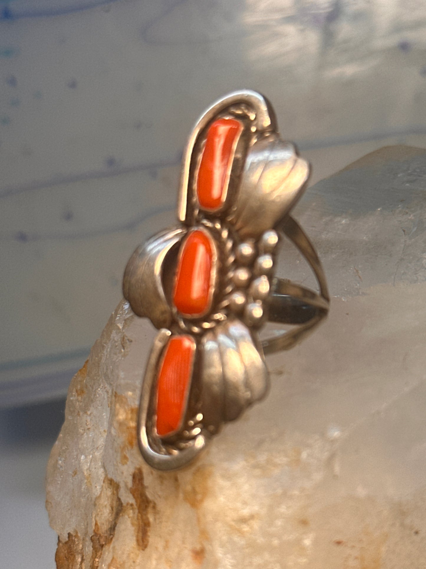 Navajo long ring coral size 5.5 sterling silver women