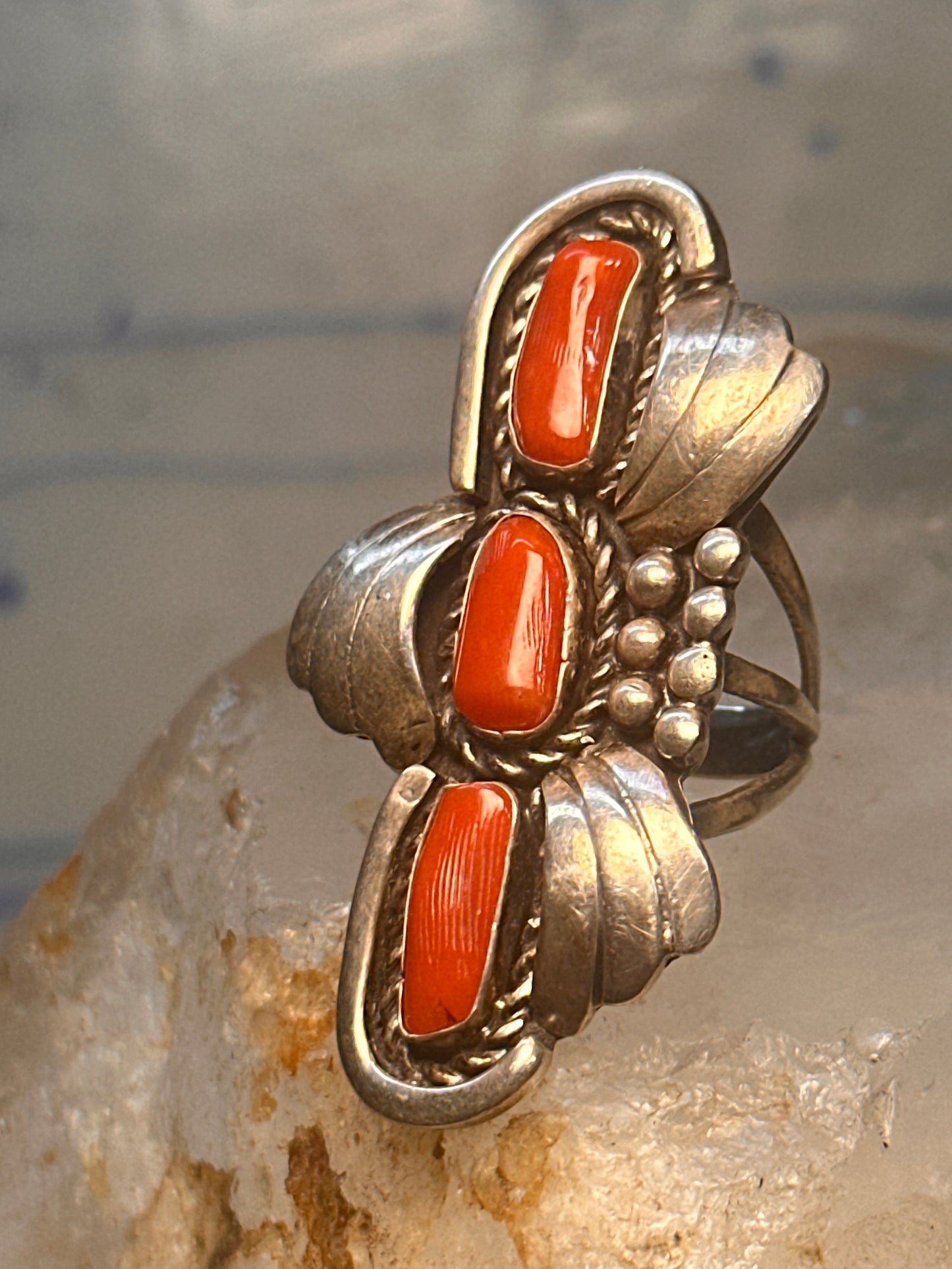 Navajo long ring coral size 5.5 sterling silver women