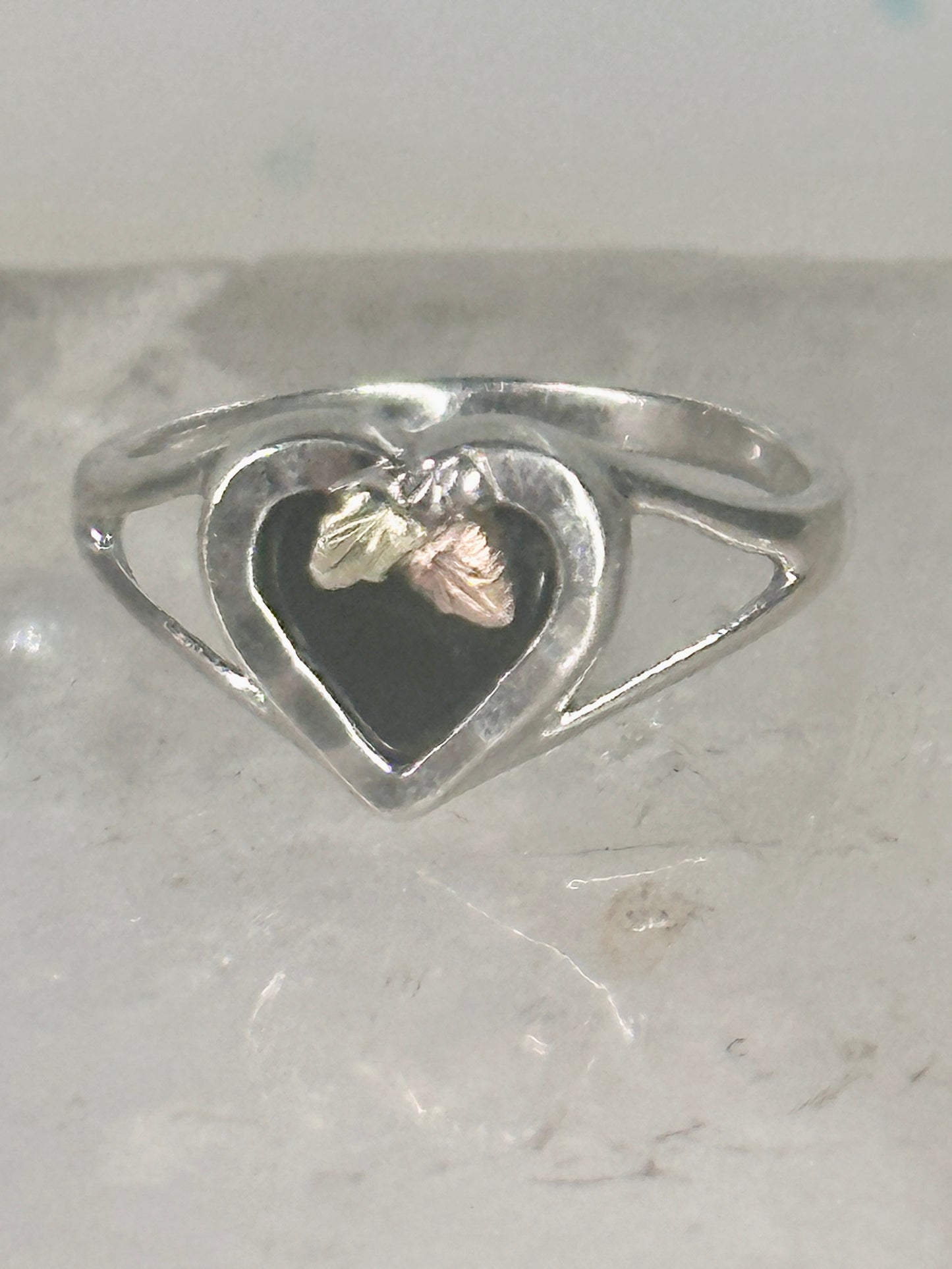 Black Hills Gold ring leaves heart Valentine onyx pinky band size 5.2 sterling silver women girls