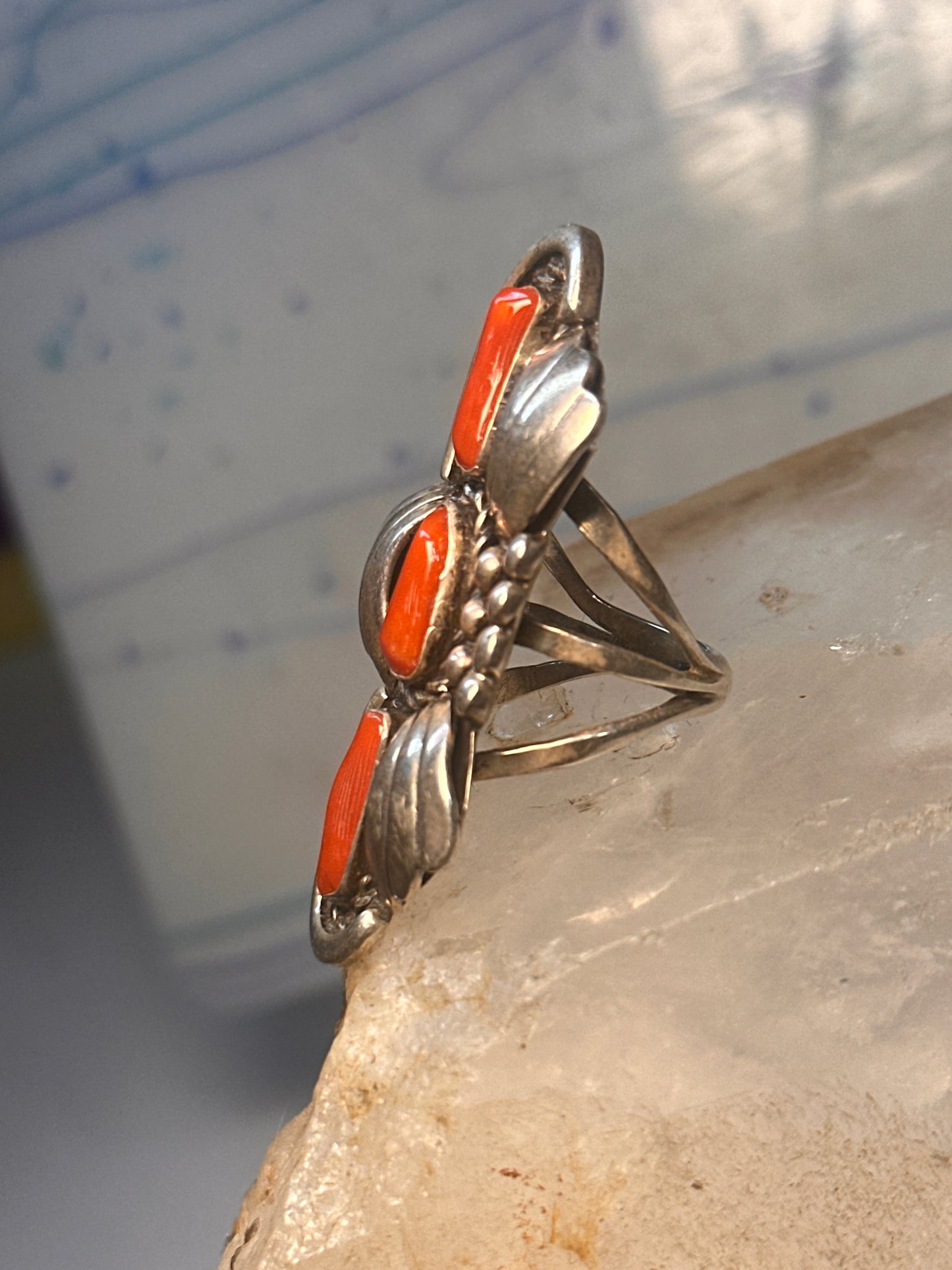 Navajo long ring coral size 5.5 sterling silver women