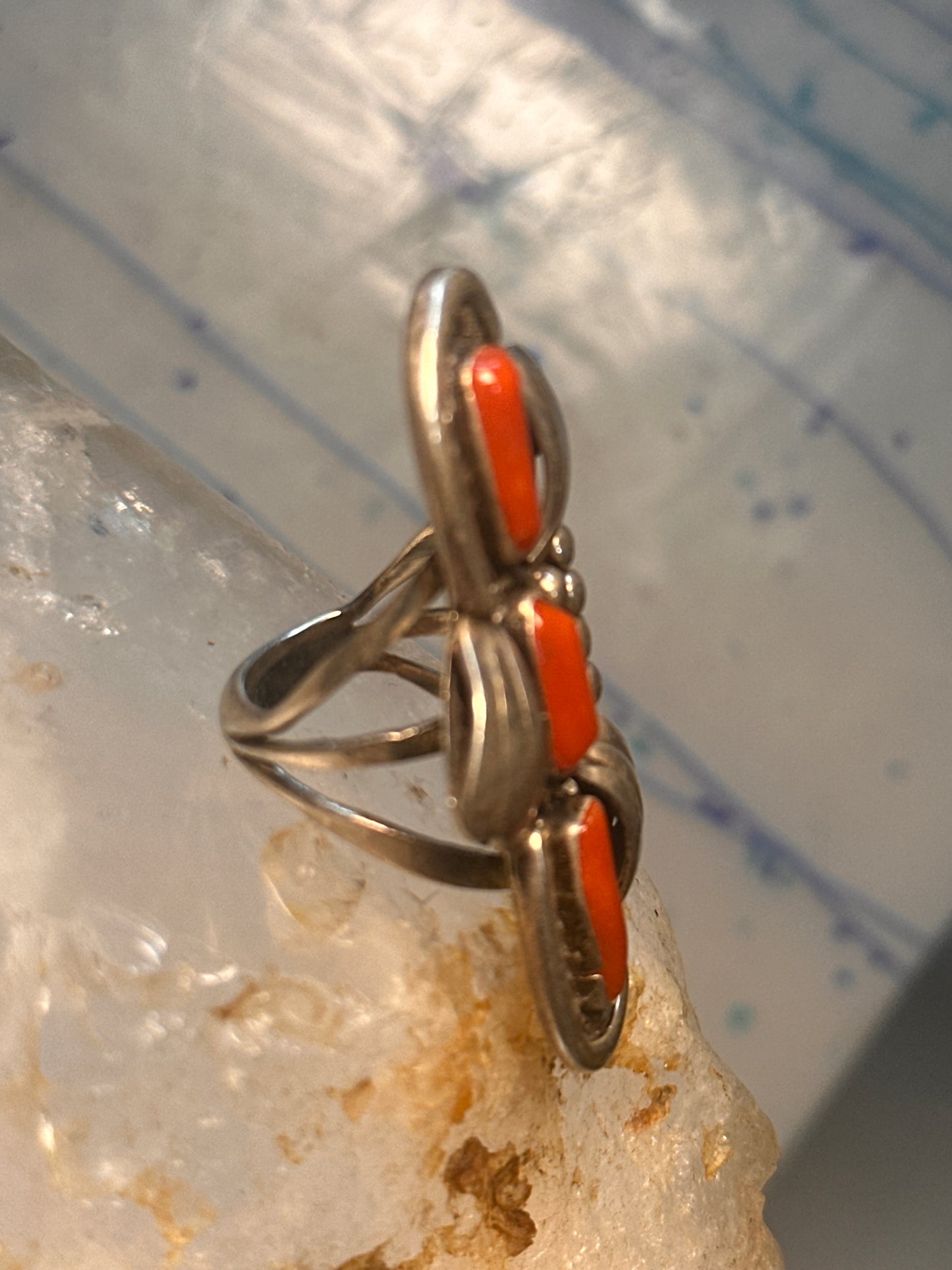 Navajo long ring coral size 5.5 sterling silver women