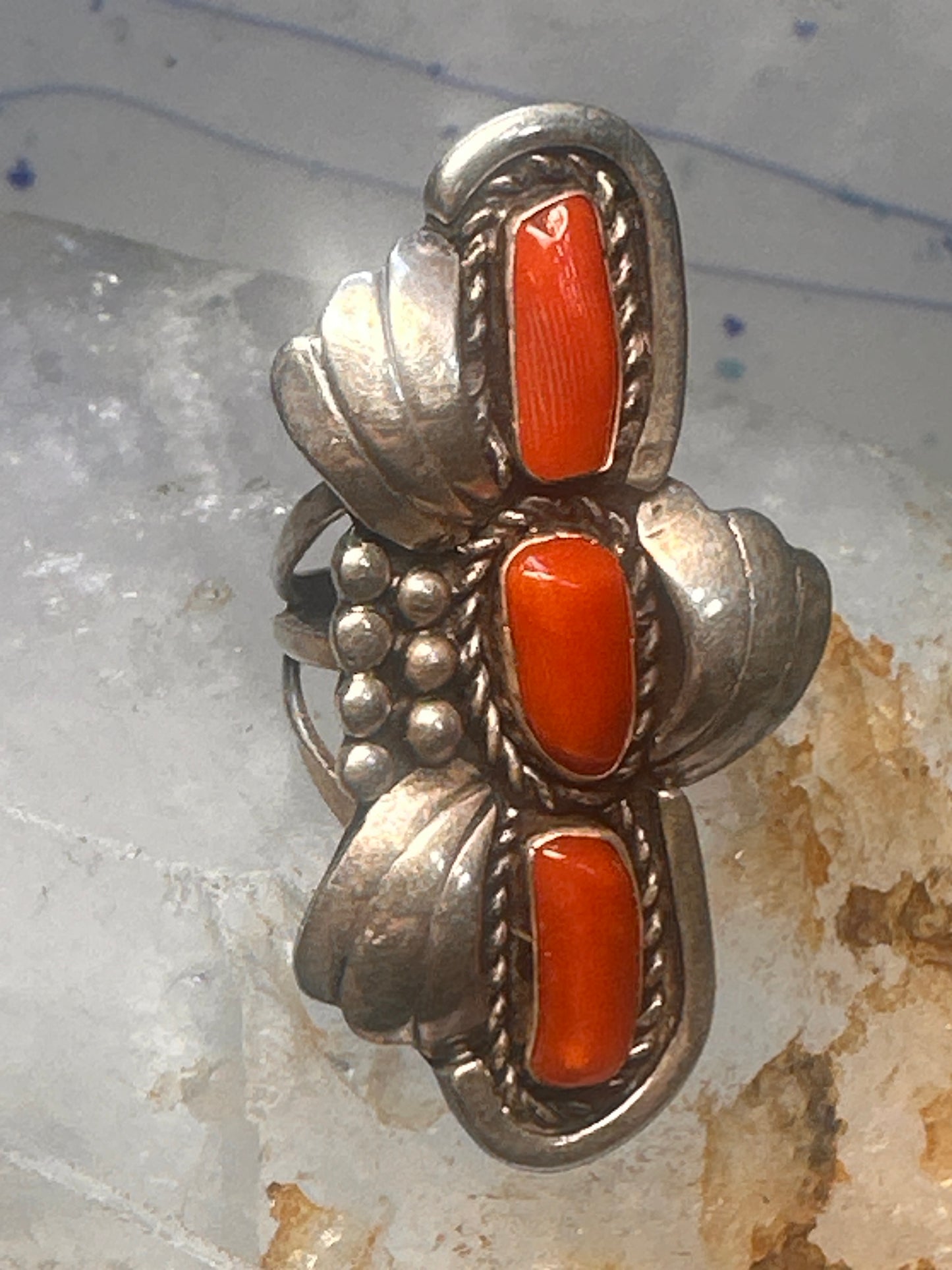 Navajo long ring coral size 5.5 sterling silver women