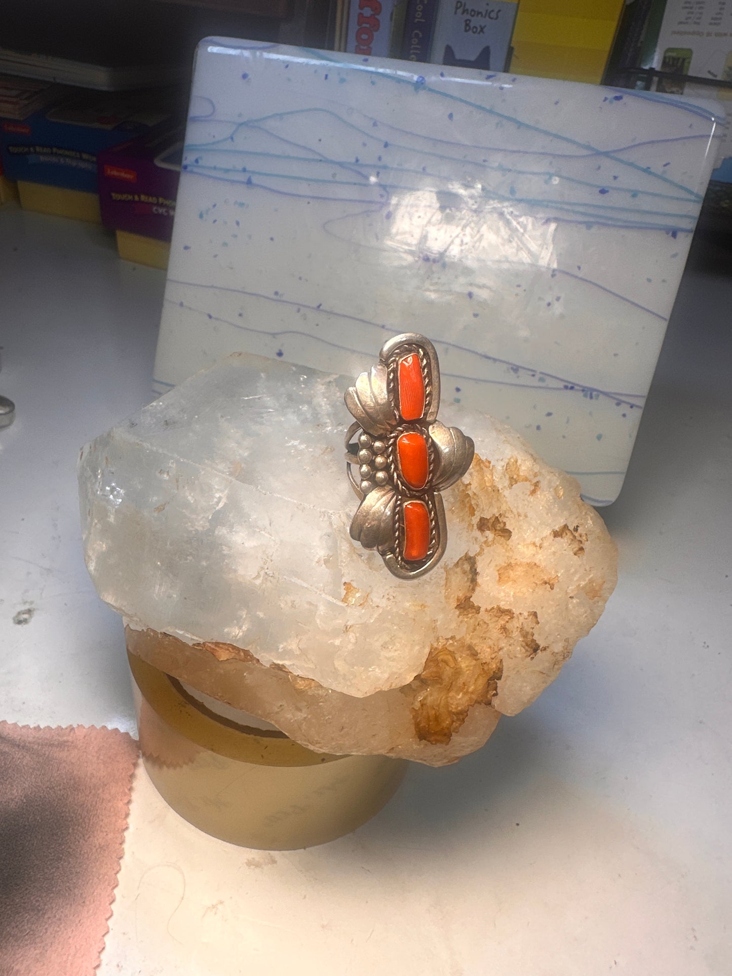 Navajo long ring coral size 5.5 sterling silver women