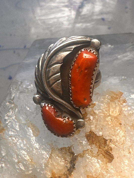 Vintage Navajo Sterling Silver Long Turquoise & Coral Feather Leaf Ring - Size 5.25