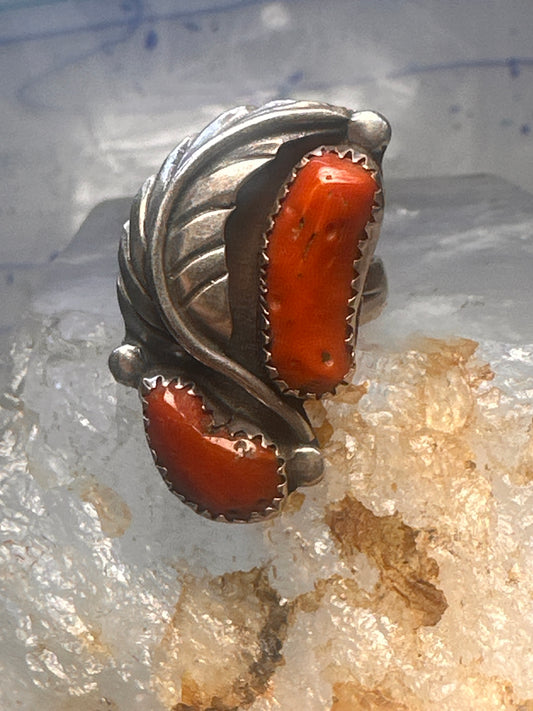 Vintage Navajo Sterling Silver Long Turquoise & Coral Feather Leaf Ring - Size 5.25