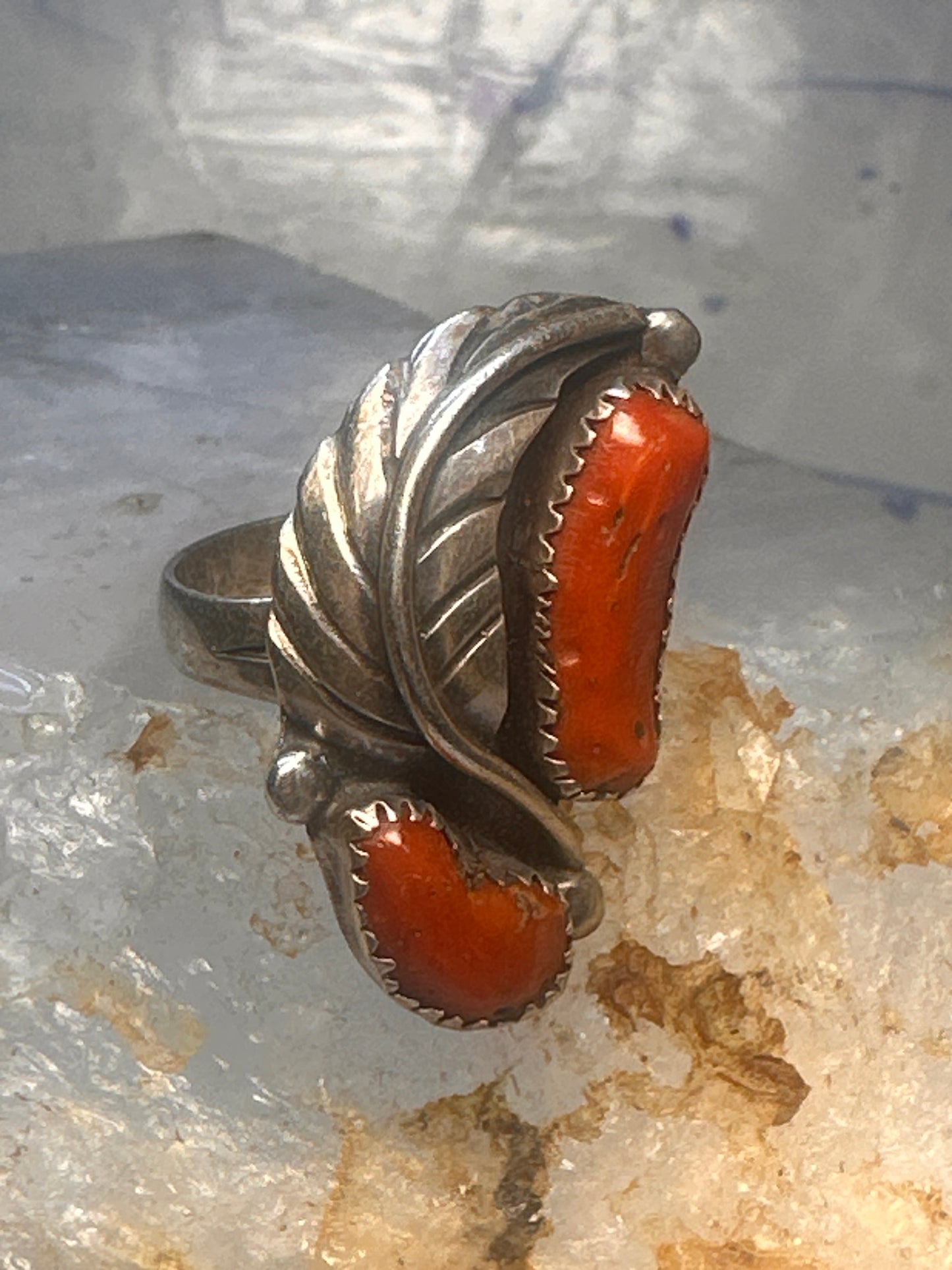 Navajo long ring coral size 6.5 sterling silver  feather leaf women