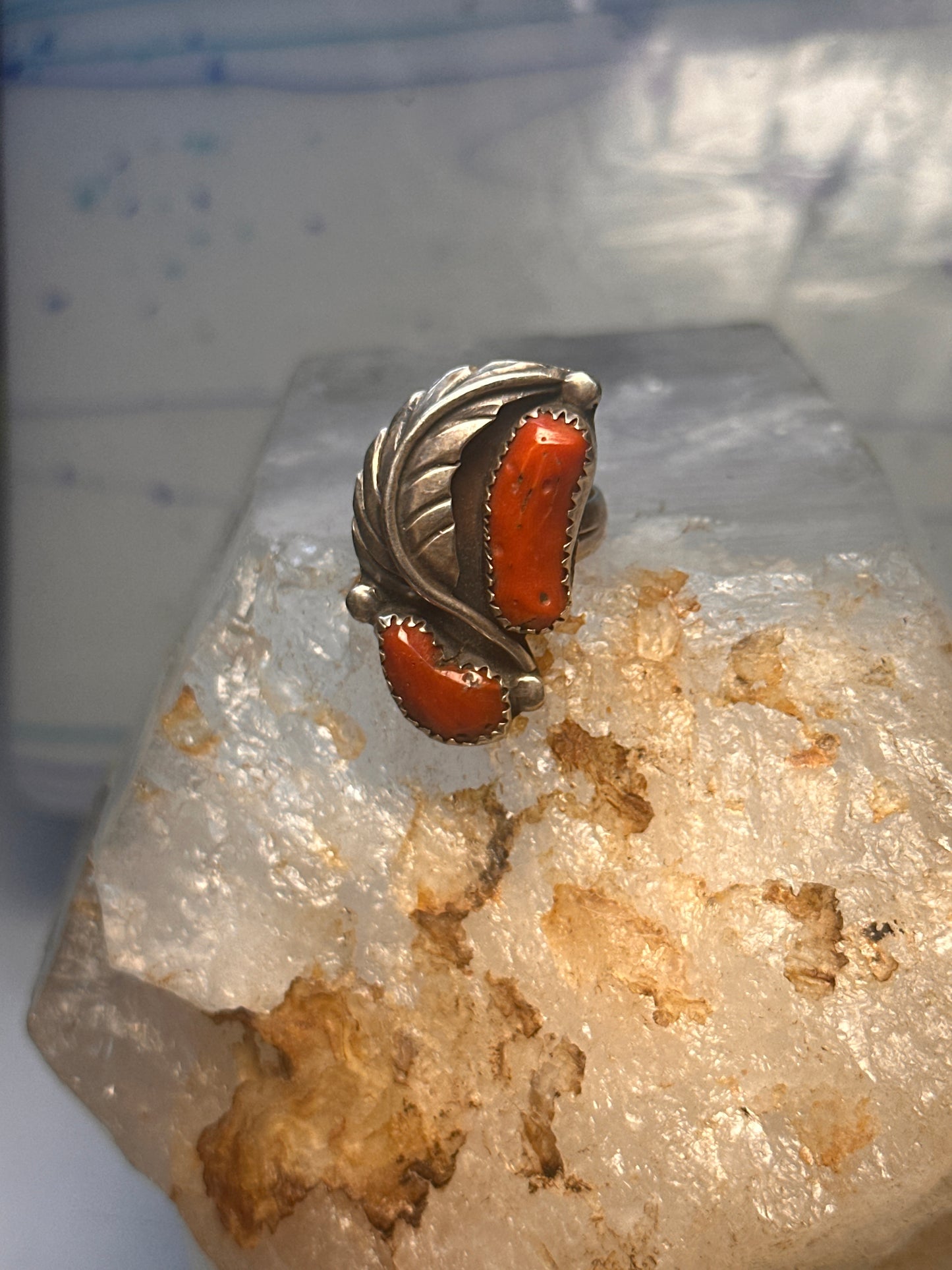 Navajo long ring coral size 6.5 sterling silver  feather leaf women