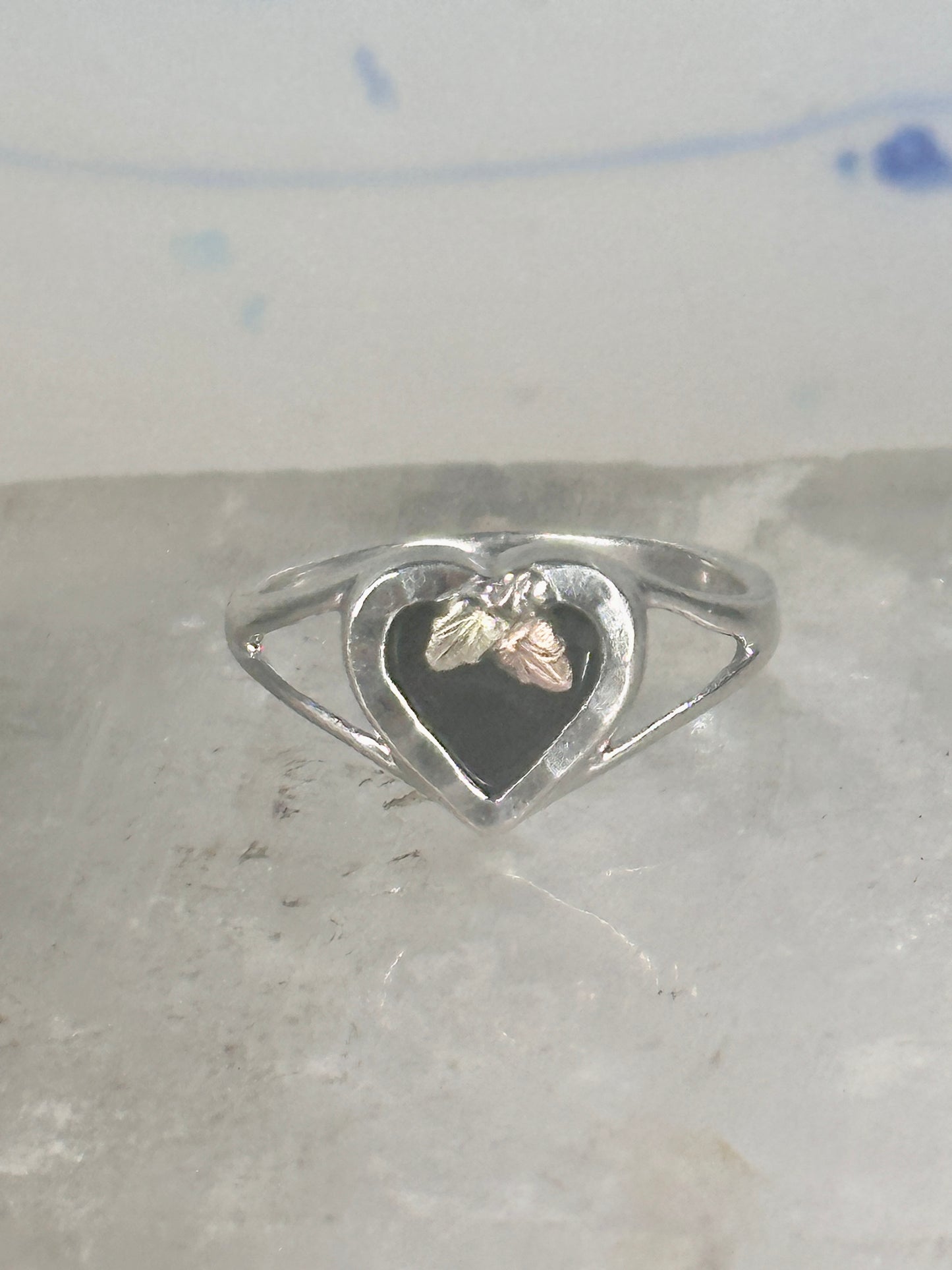 Black Hills Gold ring leaves heart Valentine onyx pinky band size 5.2 sterling silver women girls