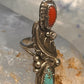Navajo long ring coral size 5.25 sterling silver feather leaf women
