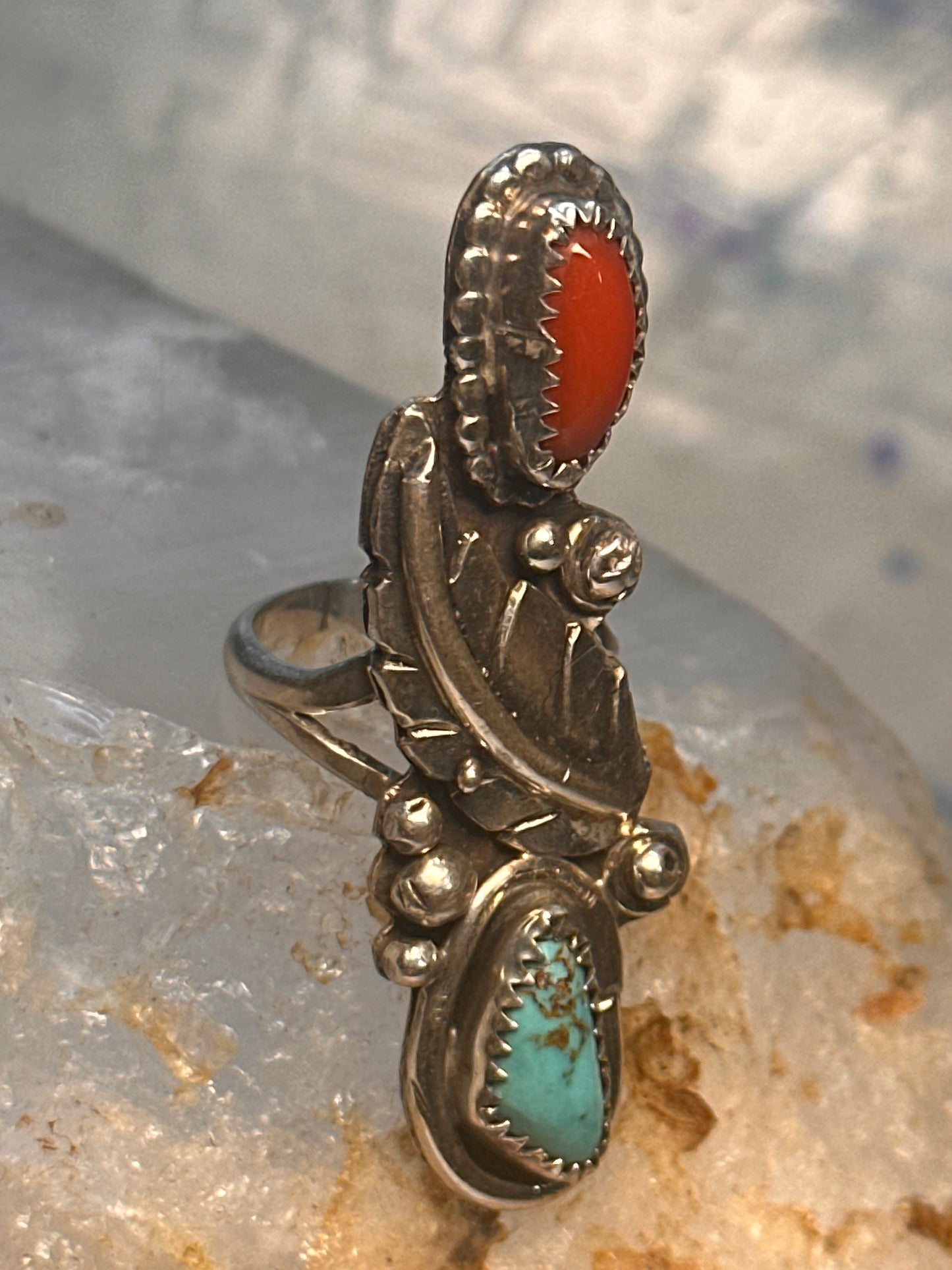Navajo long ring coral size 5.25 sterling silver feather leaf women