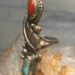 Navajo long ring coral size 5.25 sterling silver feather leaf women