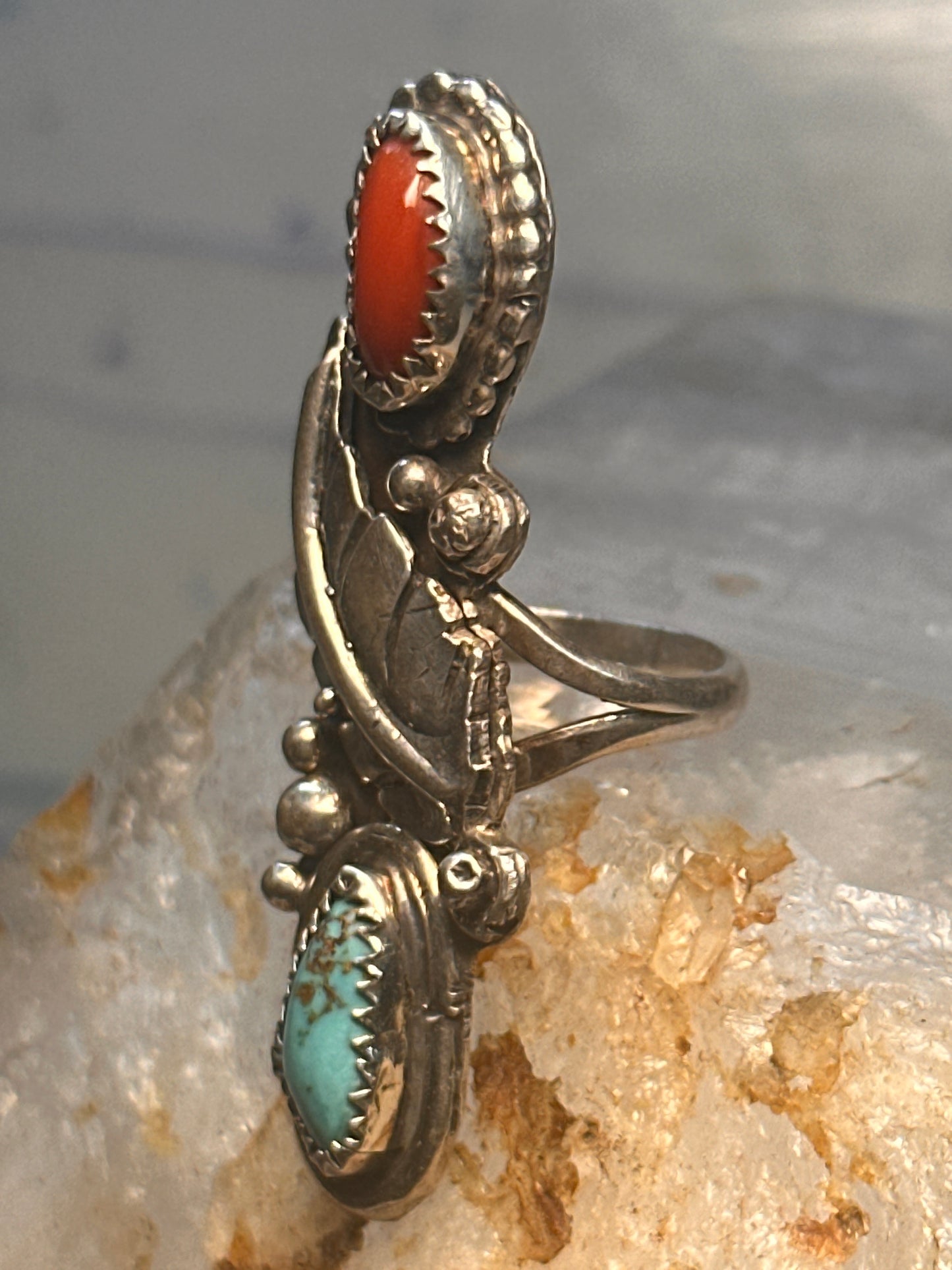Navajo long ring coral size 5.25 sterling silver feather leaf women