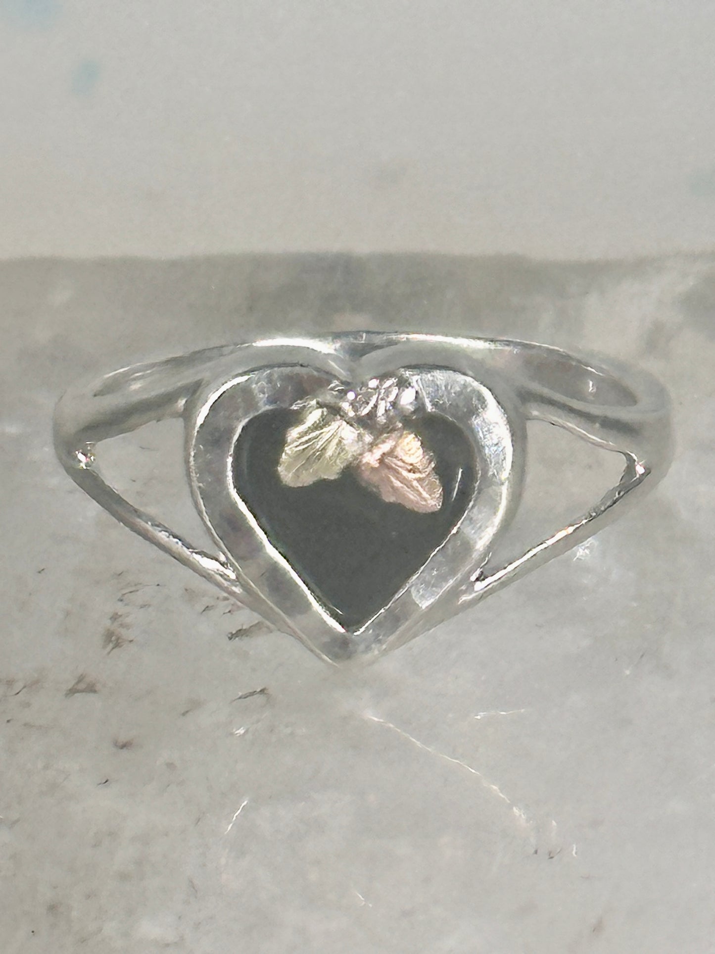 Black Hills Gold ring leaves heart Valentine onyx pinky band size 5.2 sterling silver women girls