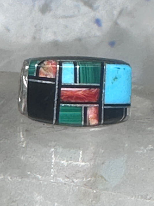 Vintage Wide Inlaid Bear Ring Multi-Stone Southwest Band Sterling Silver - Size 5.75