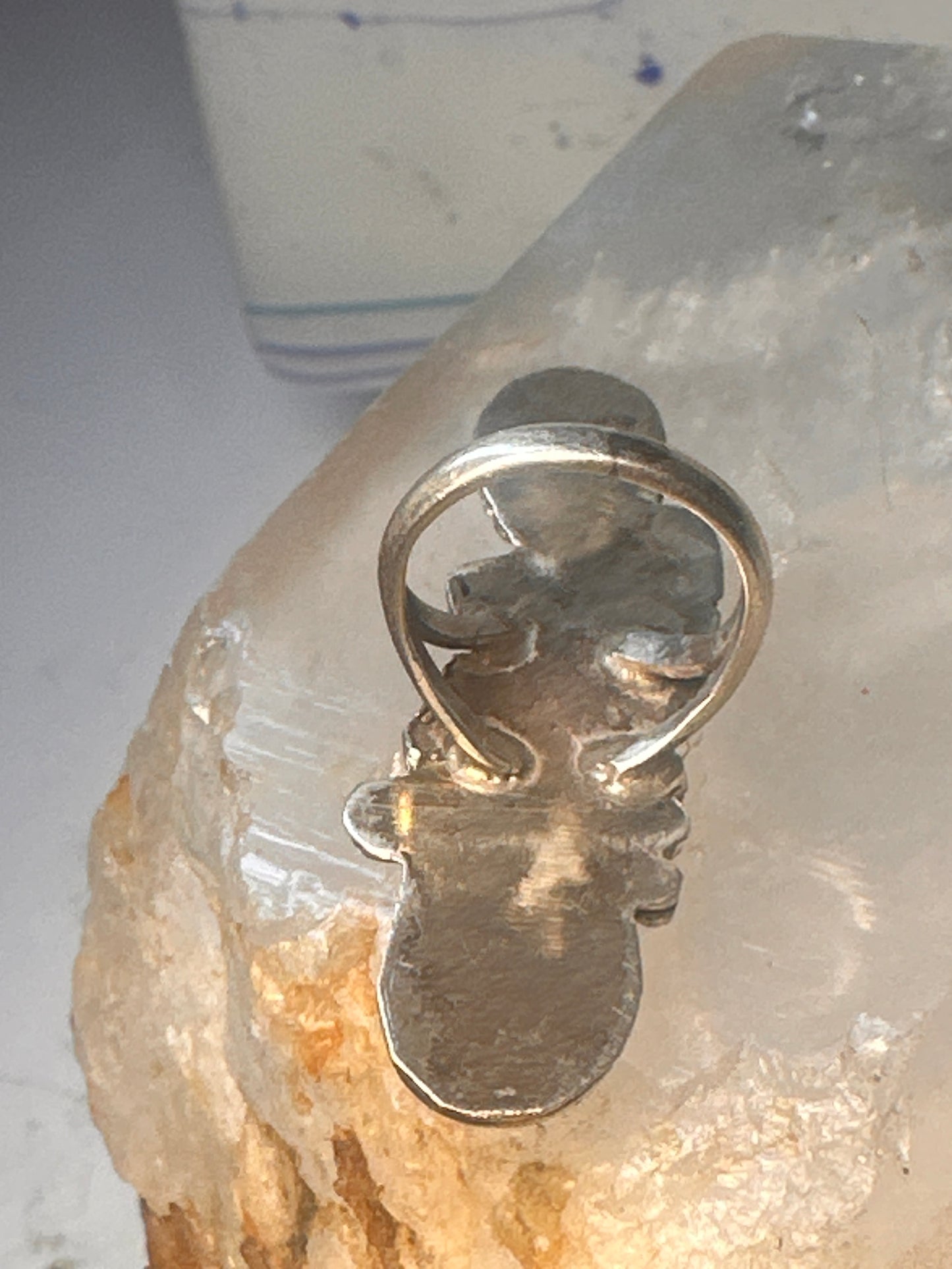 Navajo long ring coral size 5.25 sterling silver feather leaf women