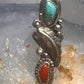 Navajo long ring coral size 5.25 sterling silver feather leaf women