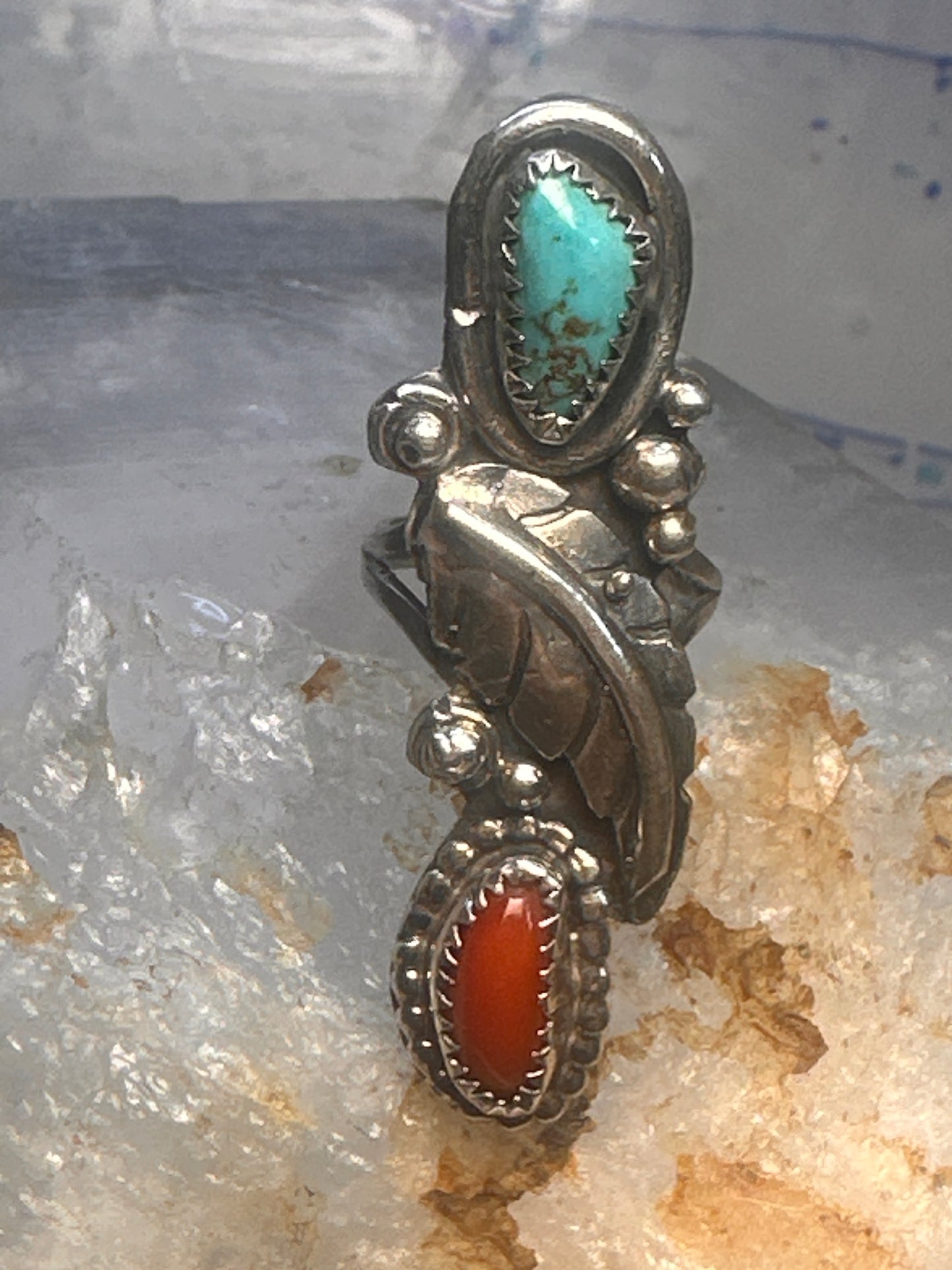 Navajo long ring coral size 5.25 sterling silver feather leaf women