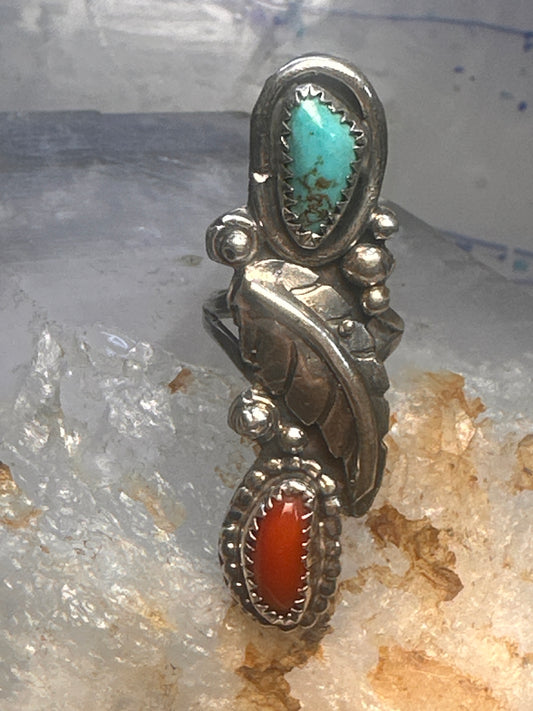 Vintage Navajo Sterling Silver Long Turquoise & Coral Feather Leaf Ring - Size 5.25