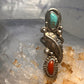 Navajo long ring coral size 5.25 sterling silver feather leaf women