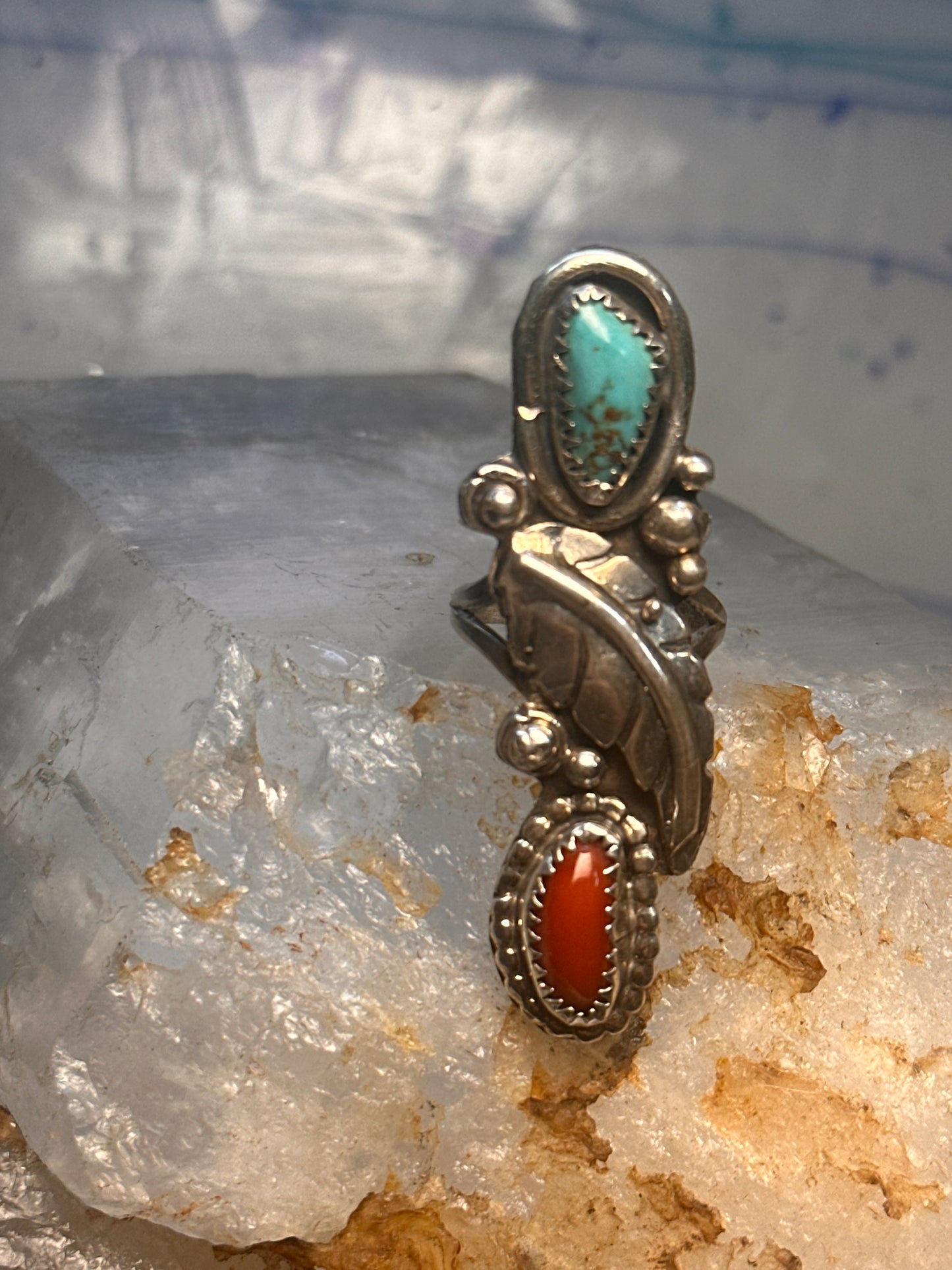 Navajo long ring coral size 5.25 sterling silver feather leaf women