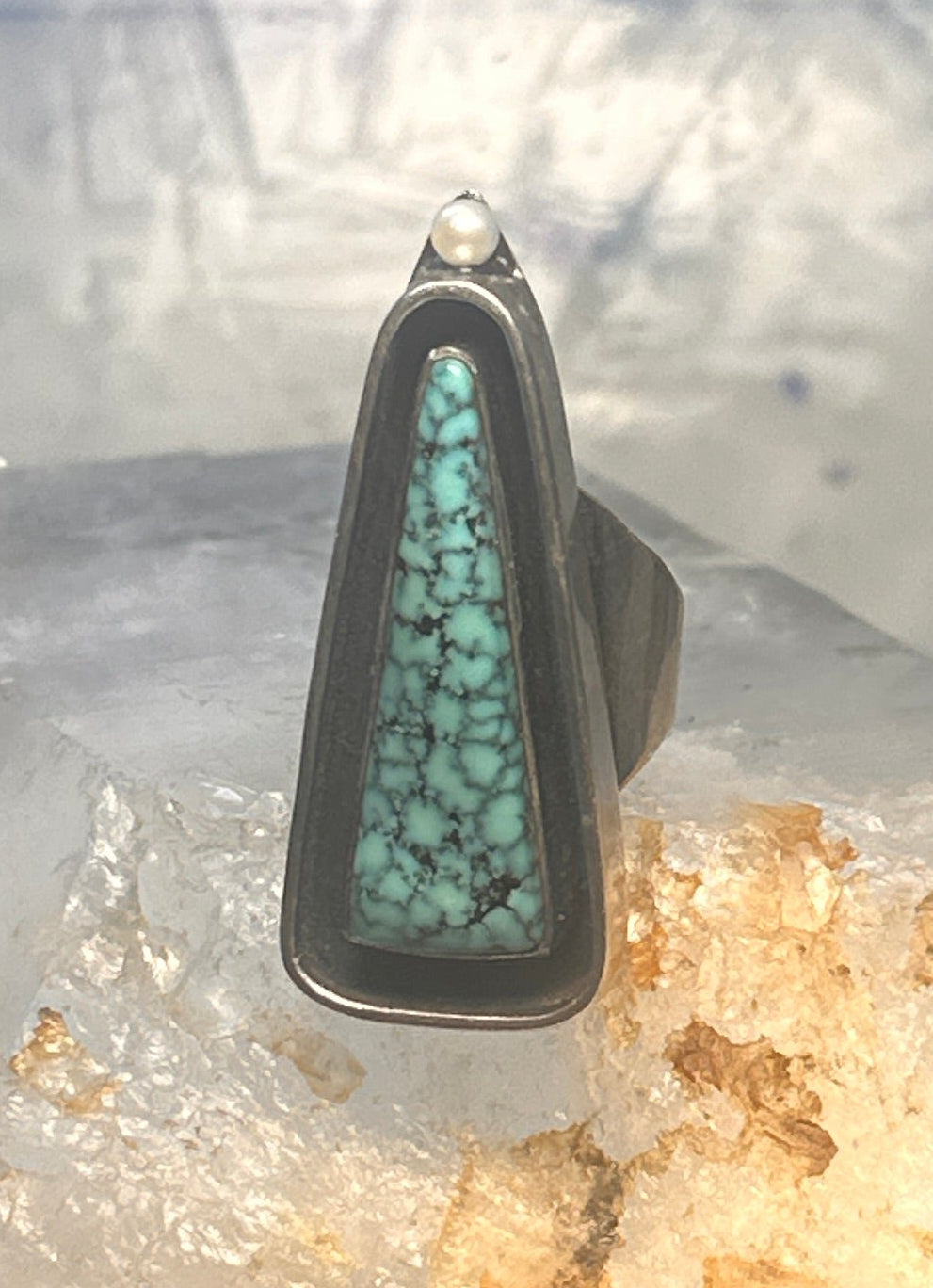 Navajo long ring turquoise pearl geometric size 5.75 sterling silver women