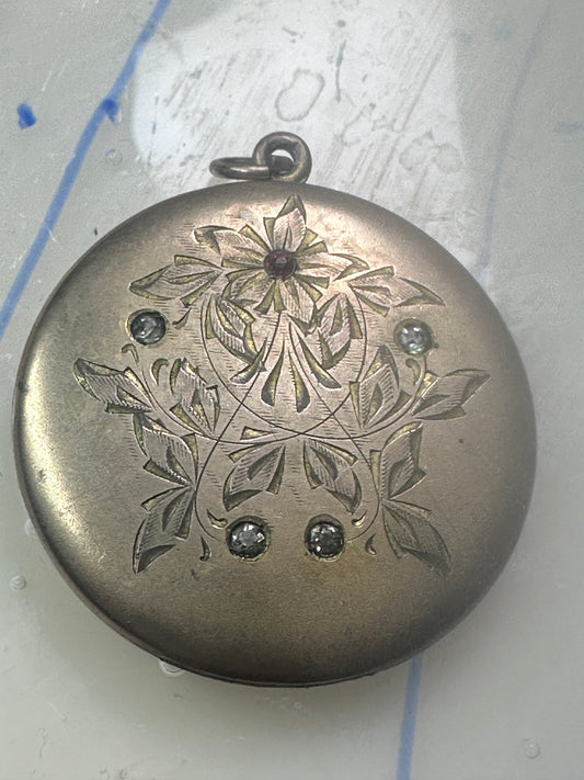Round Locket Art Deco floral women probably paste crystals