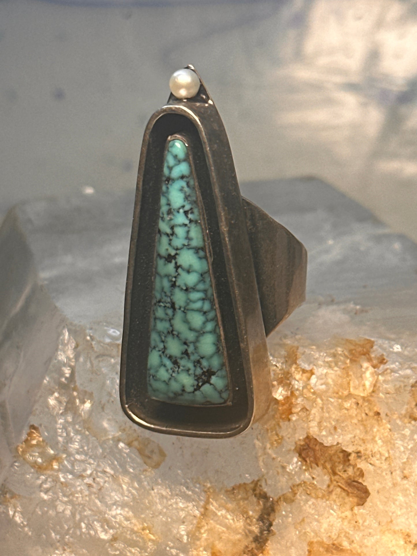 Navajo long ring turquoise pearl geometric size 5.75 sterling silver women