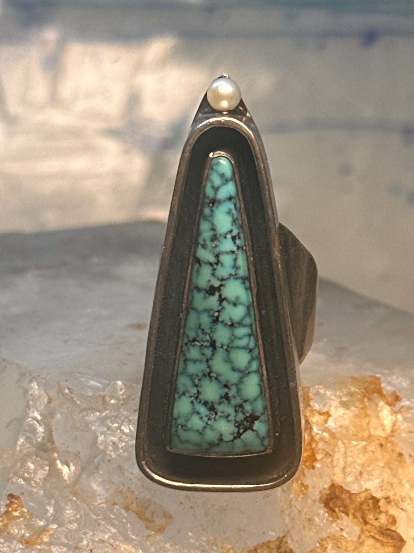 Navajo long ring turquoise pearl geometric size 5.75 sterling silver women