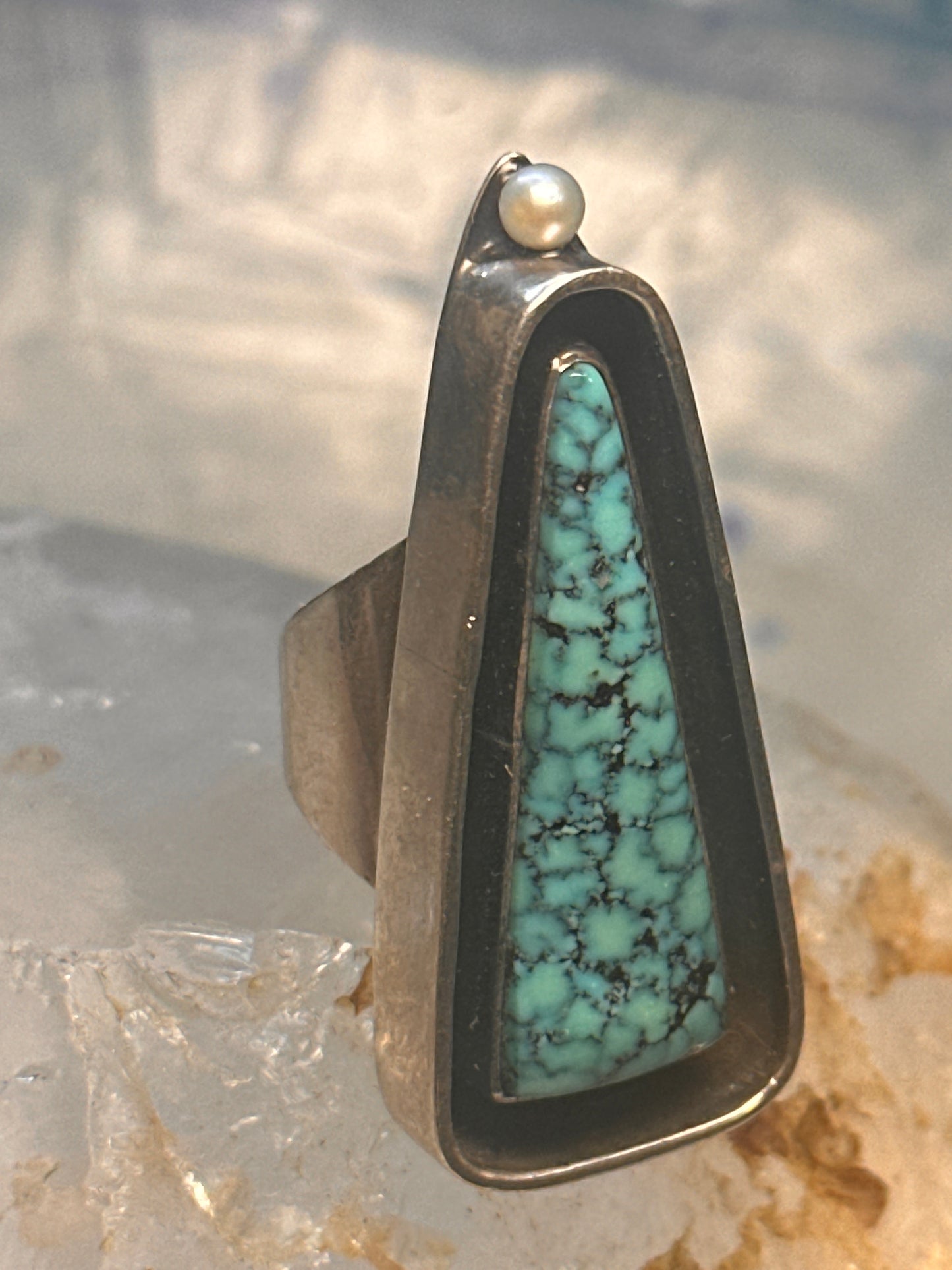 Navajo long ring turquoise pearl geometric size 5.75 sterling silver women