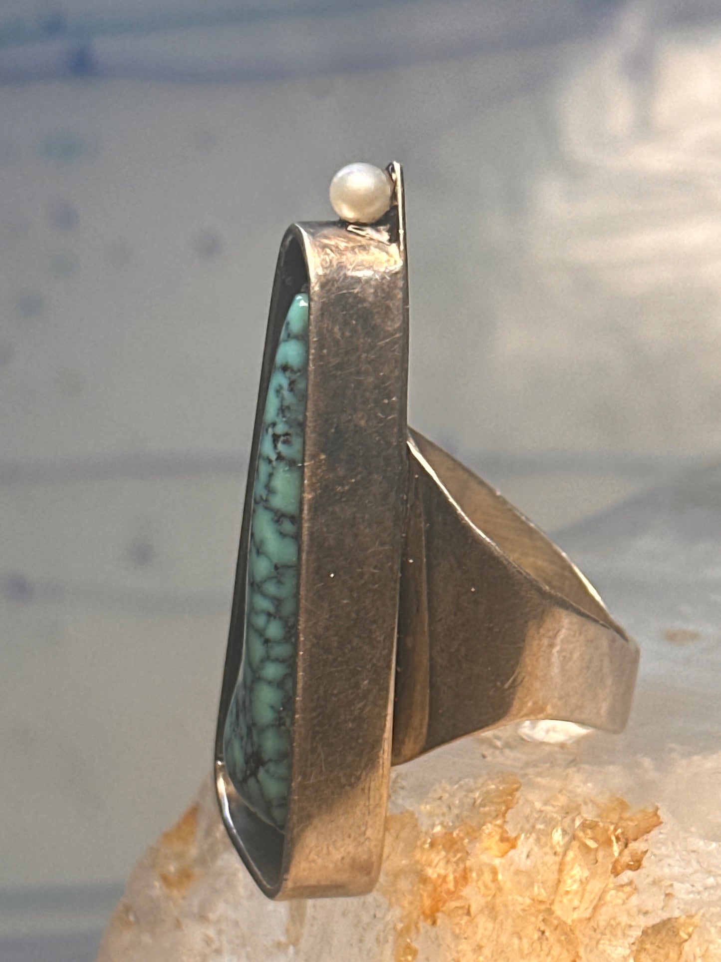 Navajo long ring turquoise pearl geometric size 5.75 sterling silver women