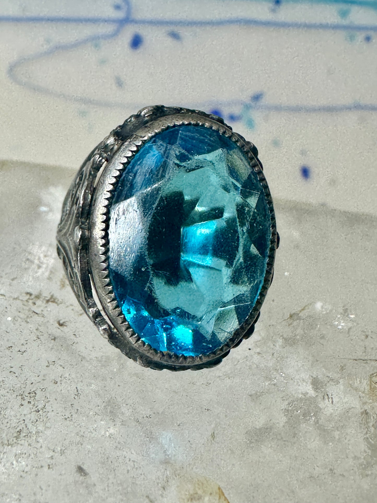 Art Deco Ring size 4.25 Ocean color Blue Glass sterling silver pinky women