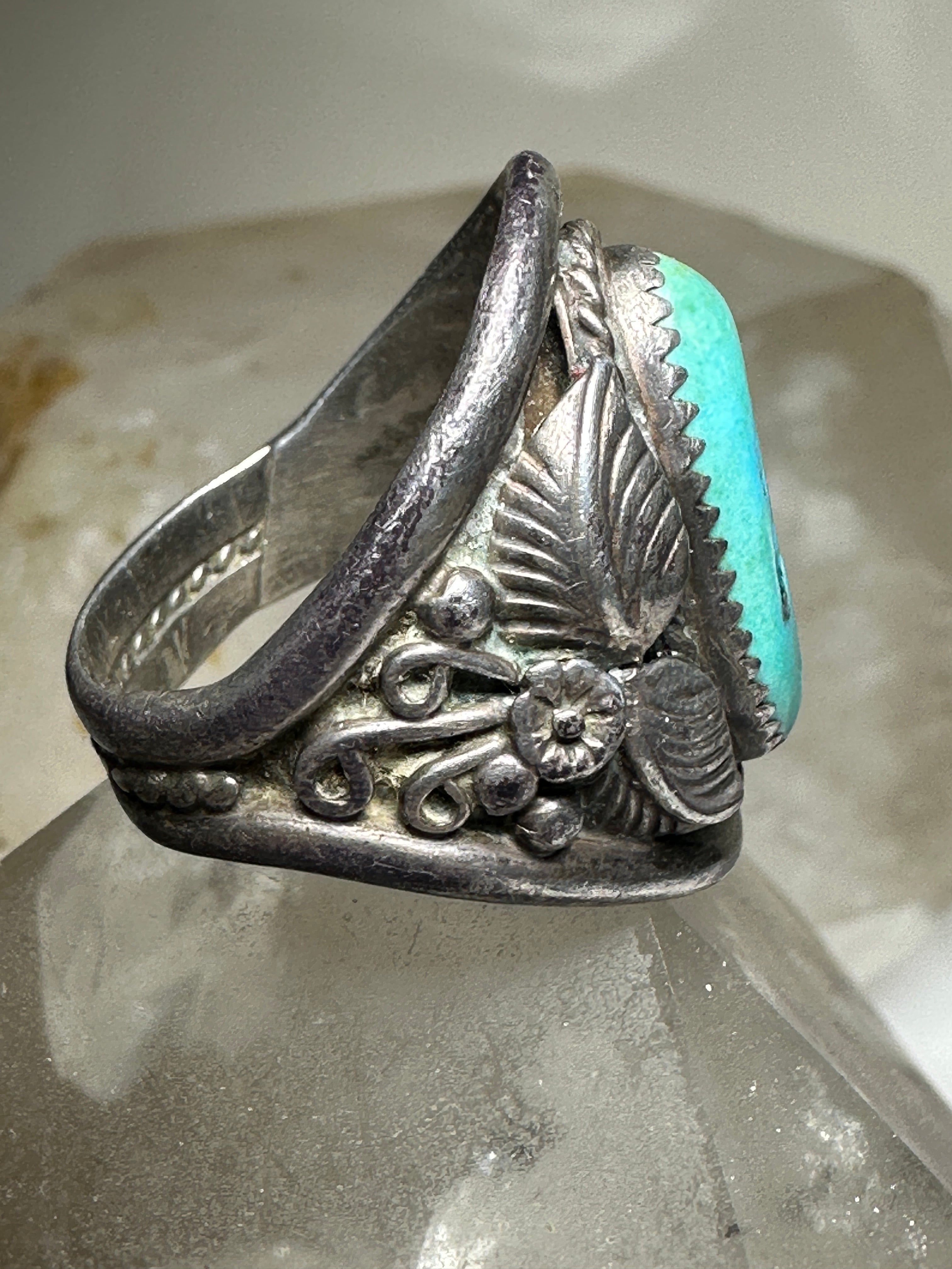 Turquoise ring Navajo signed AG leaves size 8.75 sterling Turquoise ring Navajo signed AG leaves size 8.75 sterling