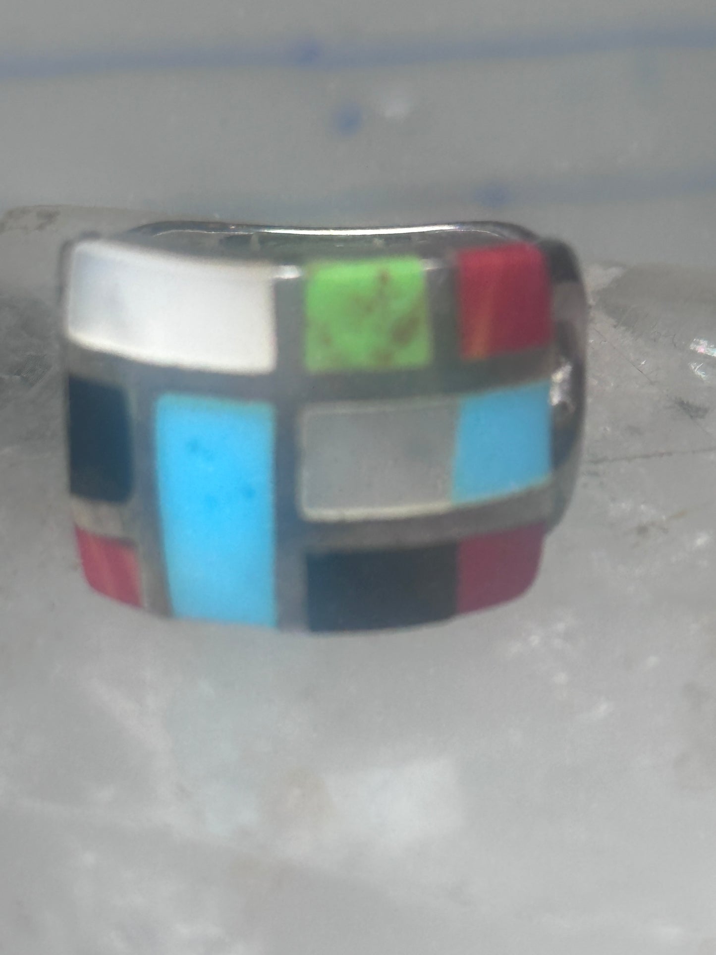 Turquoise inlaid ring size 875 onyx mop band sterling silver women men