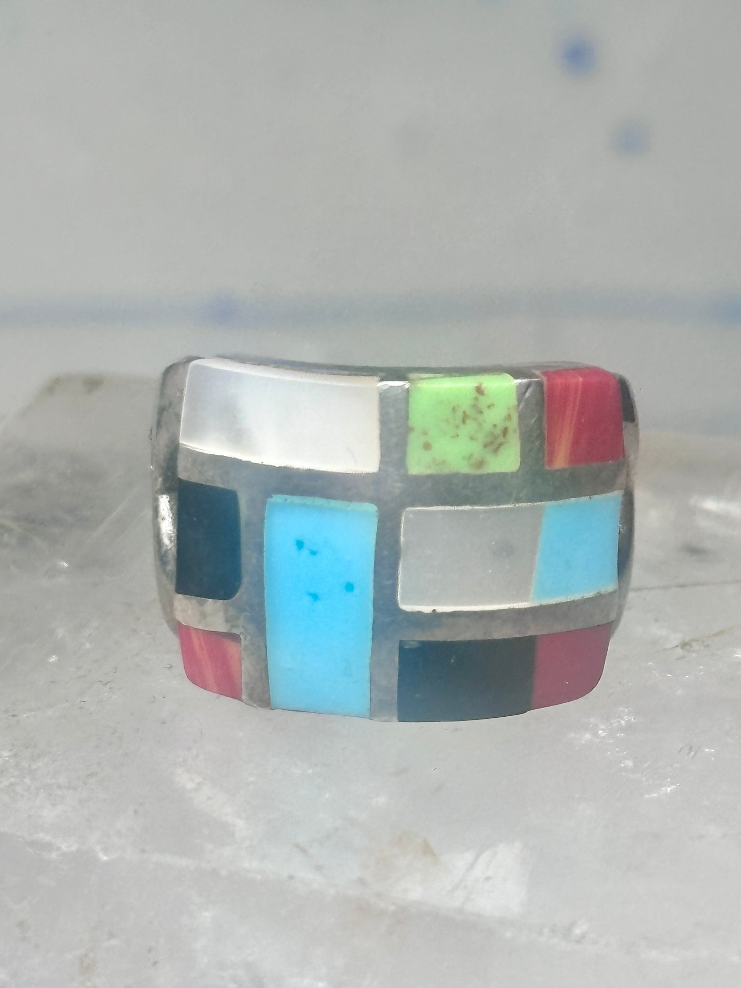 Turquoise inlaid ring size 875 onyx mop band sterling silver women men