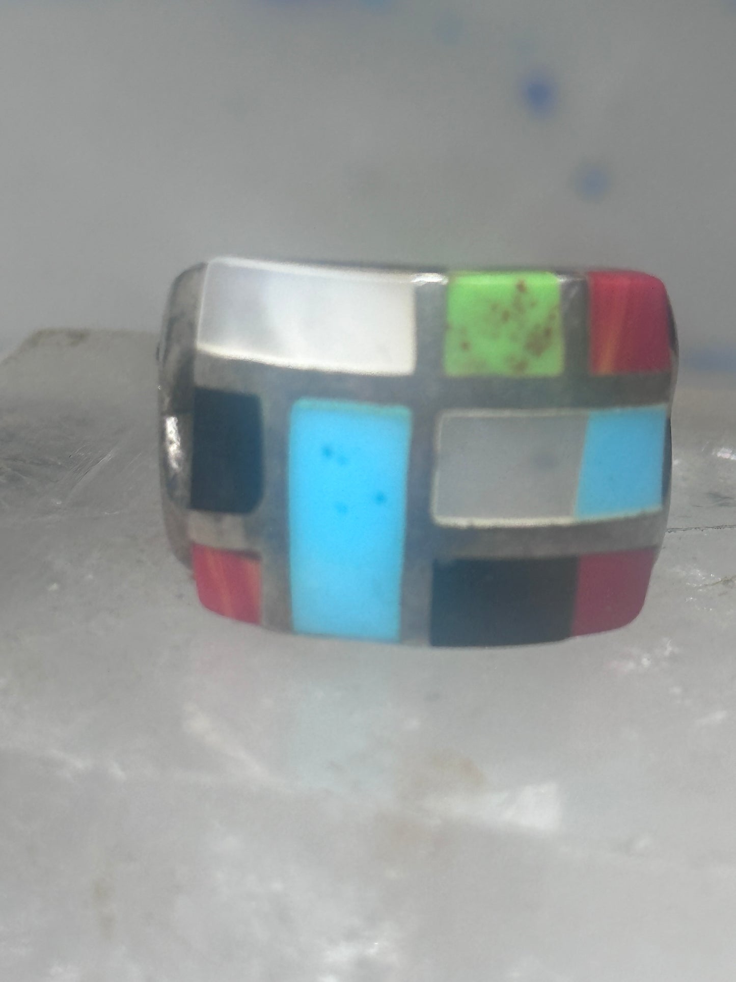 Turquoise inlaid ring size 875 onyx mop band sterling silver women men