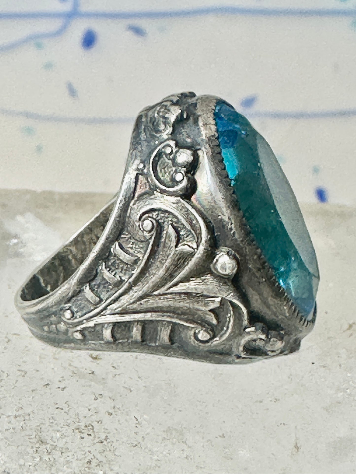 Art Deco Ring size 4.25 Ocean color Blue Glass sterling silver pinky women