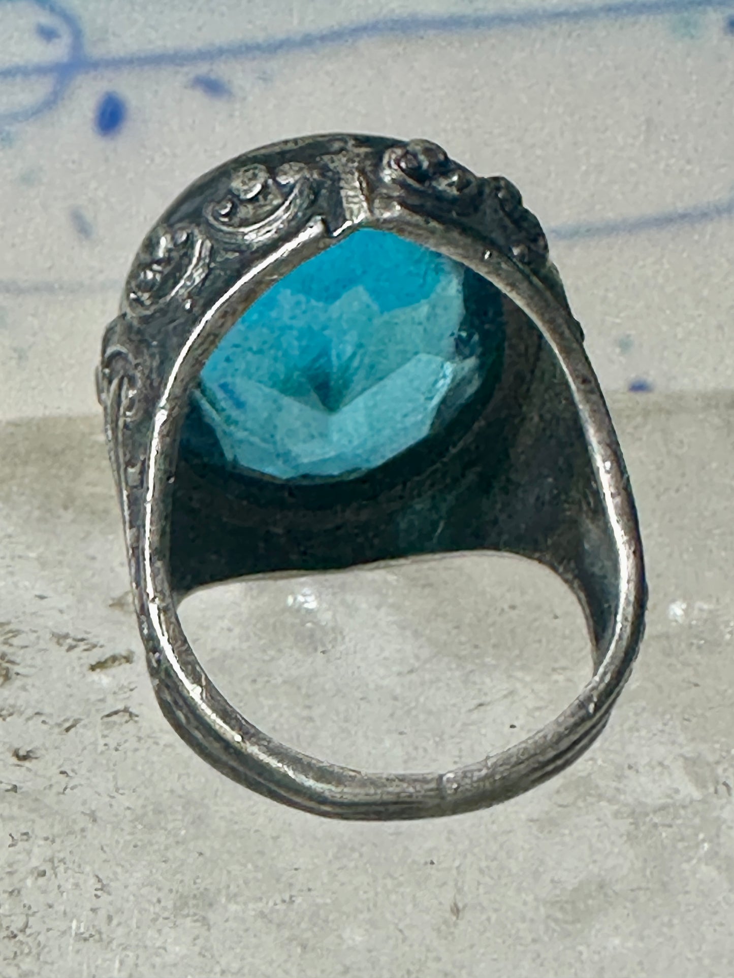 Art Deco Ring size 4.25 Ocean color Blue Glass sterling silver pinky women