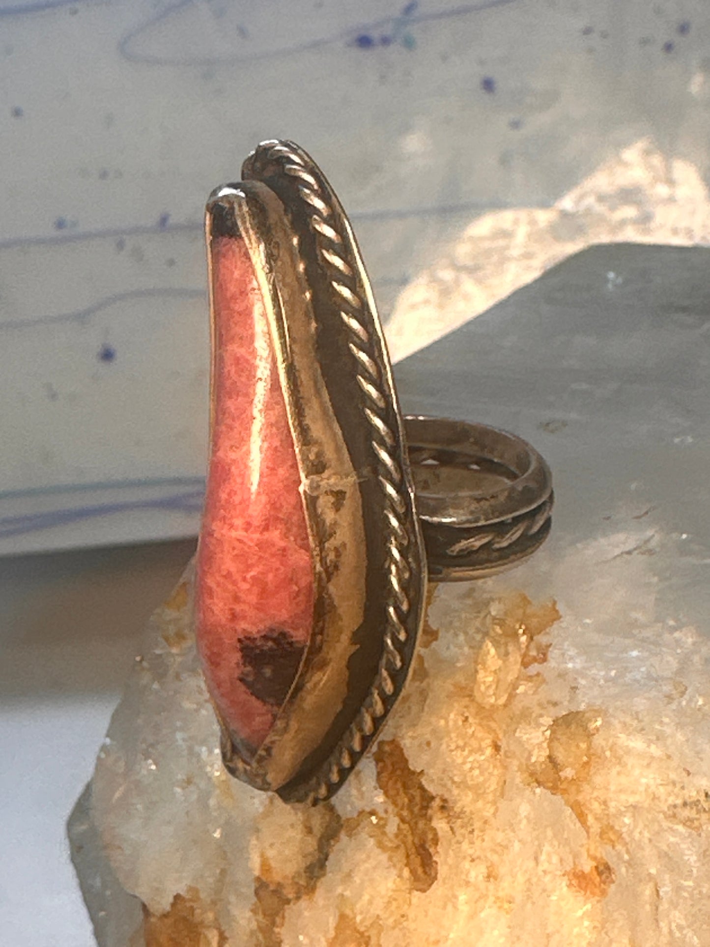 Navajo long ring rhodochrosite size 6.50 sterling silver women